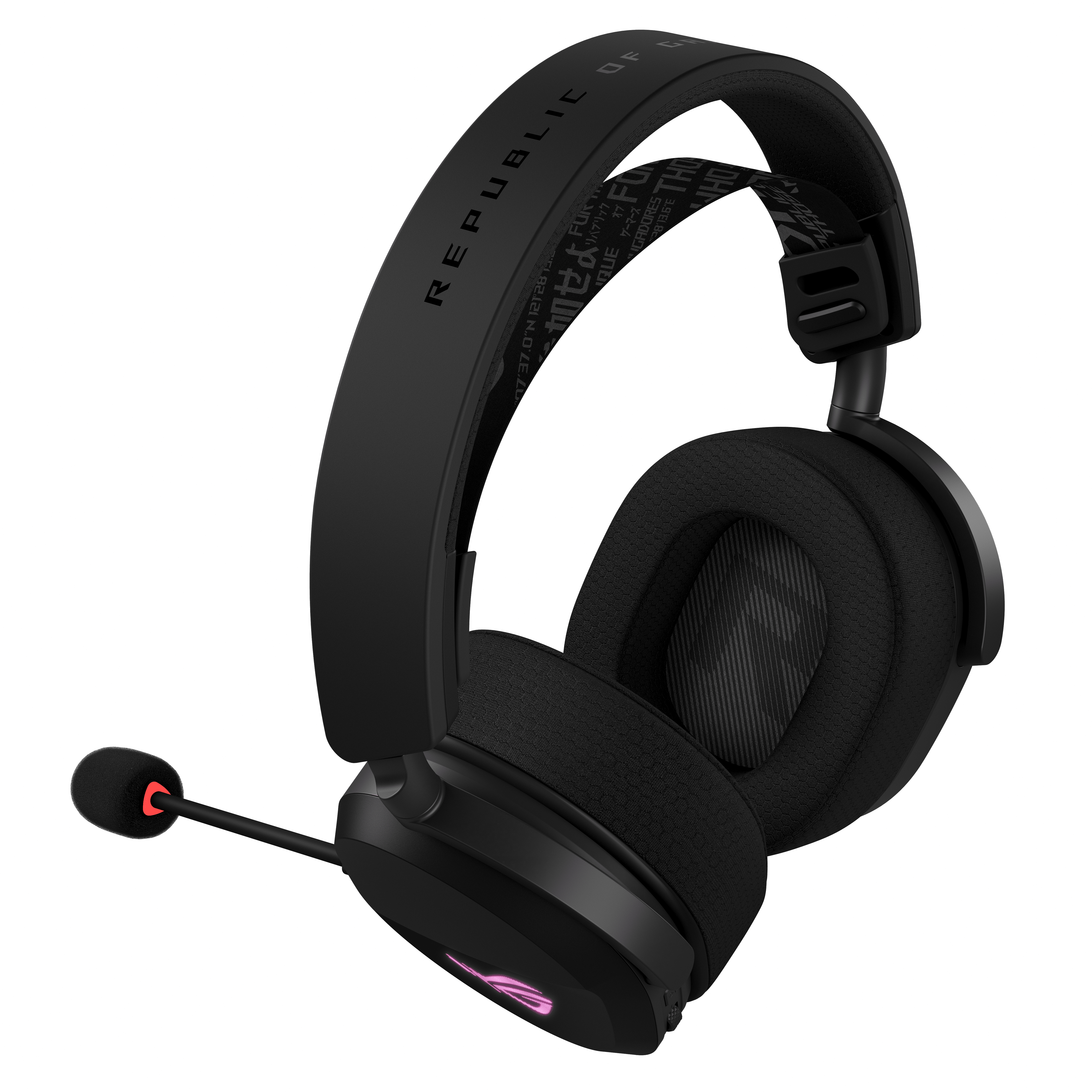 Schwarzes Gaming-Headset mit Mikrofon und gepolstertem Kopfbügel auf weißem Hintergrund.
