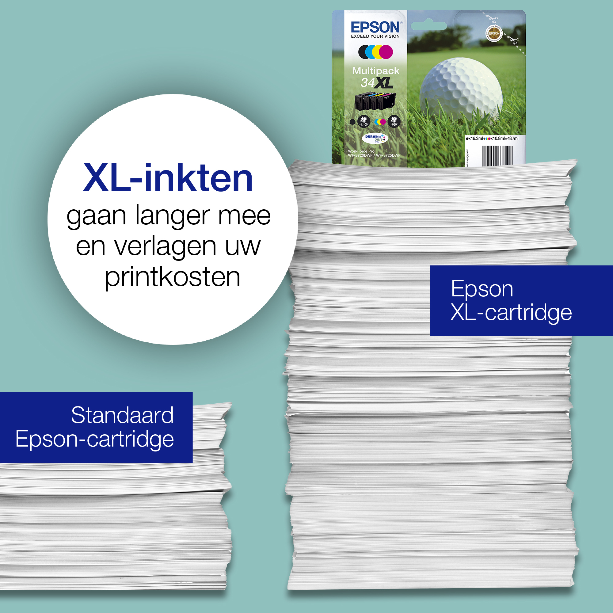 Un multipaquete de tinta Epson XL y una pila de papel alta en comparación con una pila más pequeña.