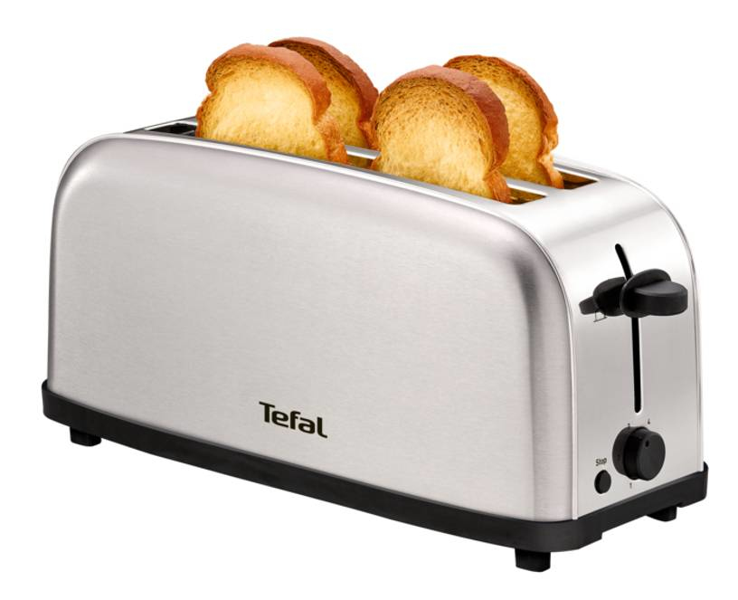 Un lungo tostapane argentato Tefal a quattro fette con fette di pane dorato su sfondo bianco.