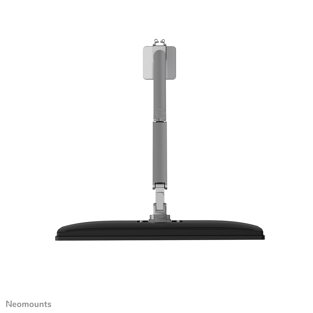 Een zilveren monitorarm met een zwart beeldscherm, van boven gezien tegen een witte achtergrond.