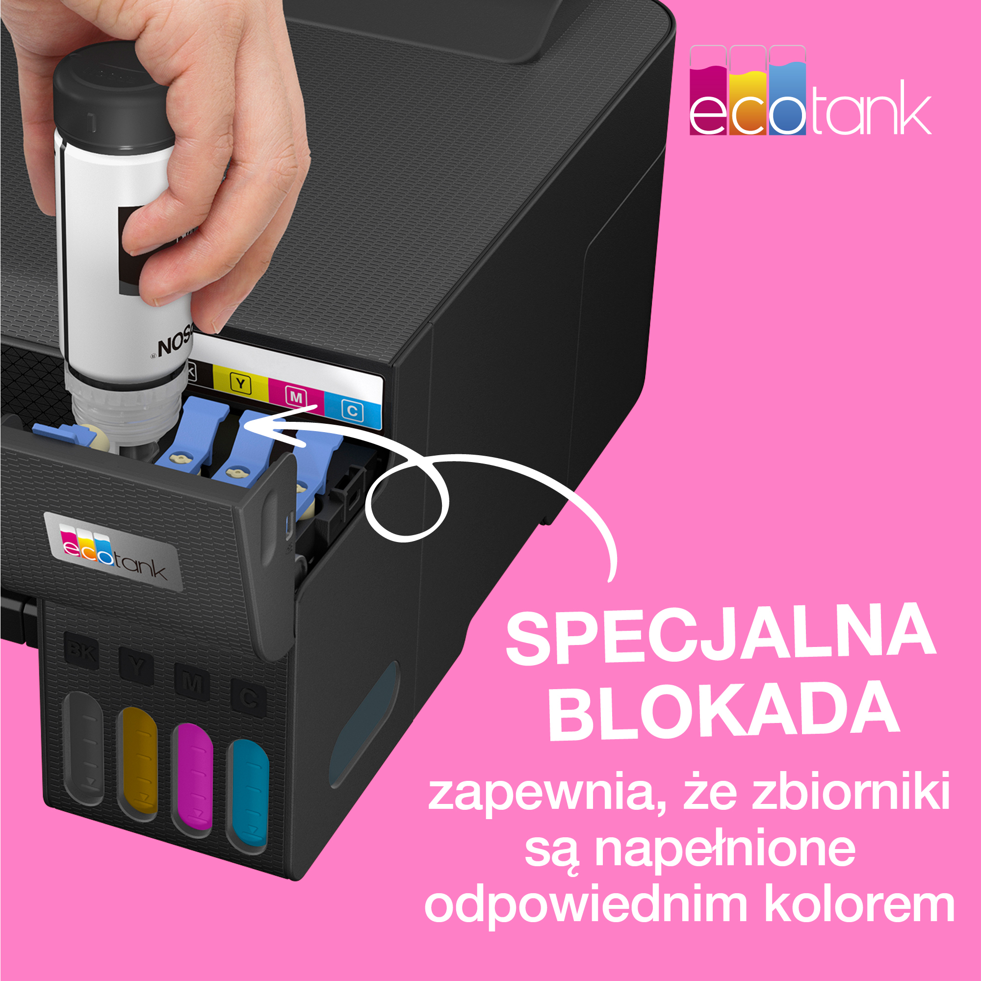 Pembe arka planda bir eli mürekkep şişesiyle EcoTank yazıcıyı dolduruyor.