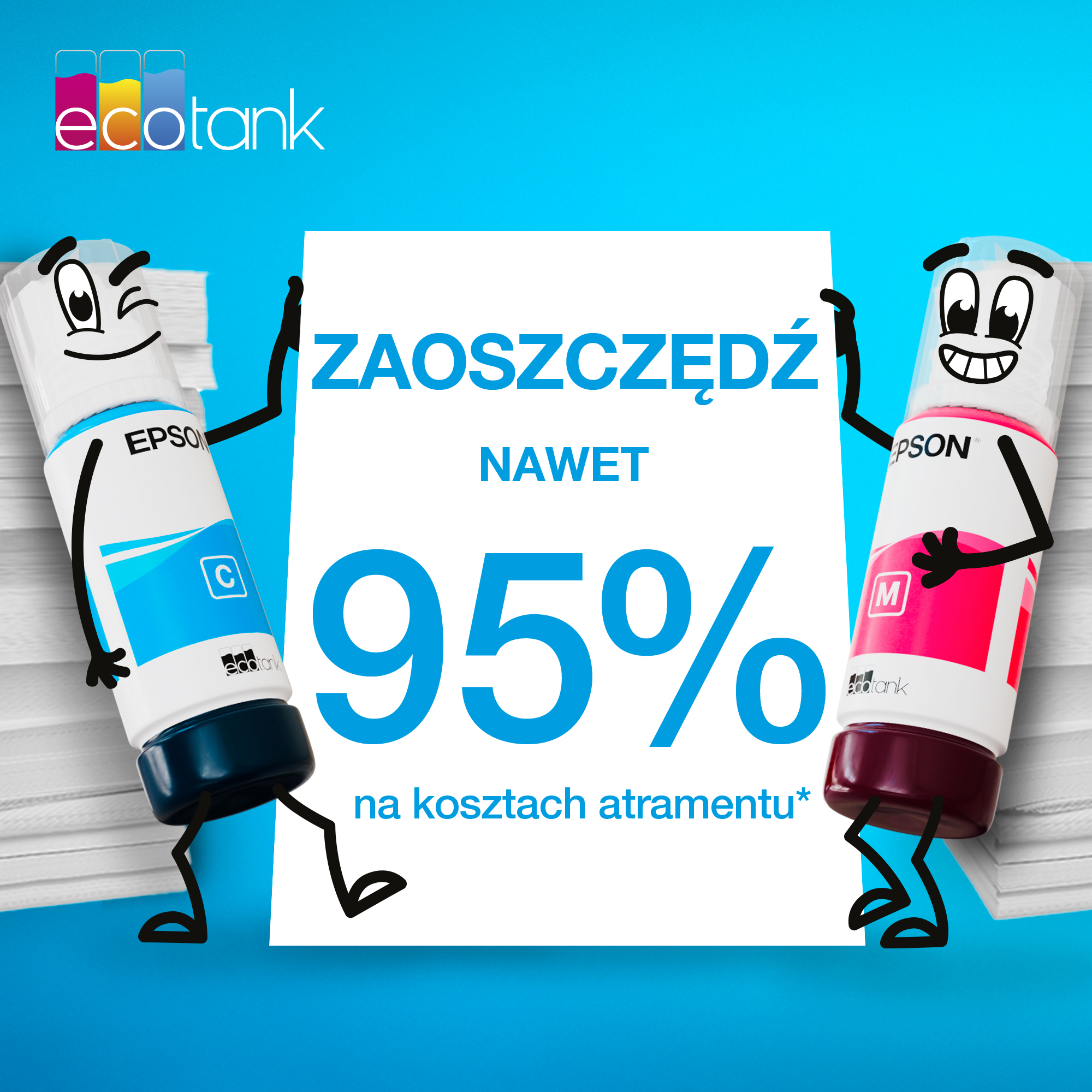 Mavi arka planda ZAOSZCZĘDŹ NAWET 95% yazan bir tabela tutan iki animasyonlu Epson mürekkep şişesi.