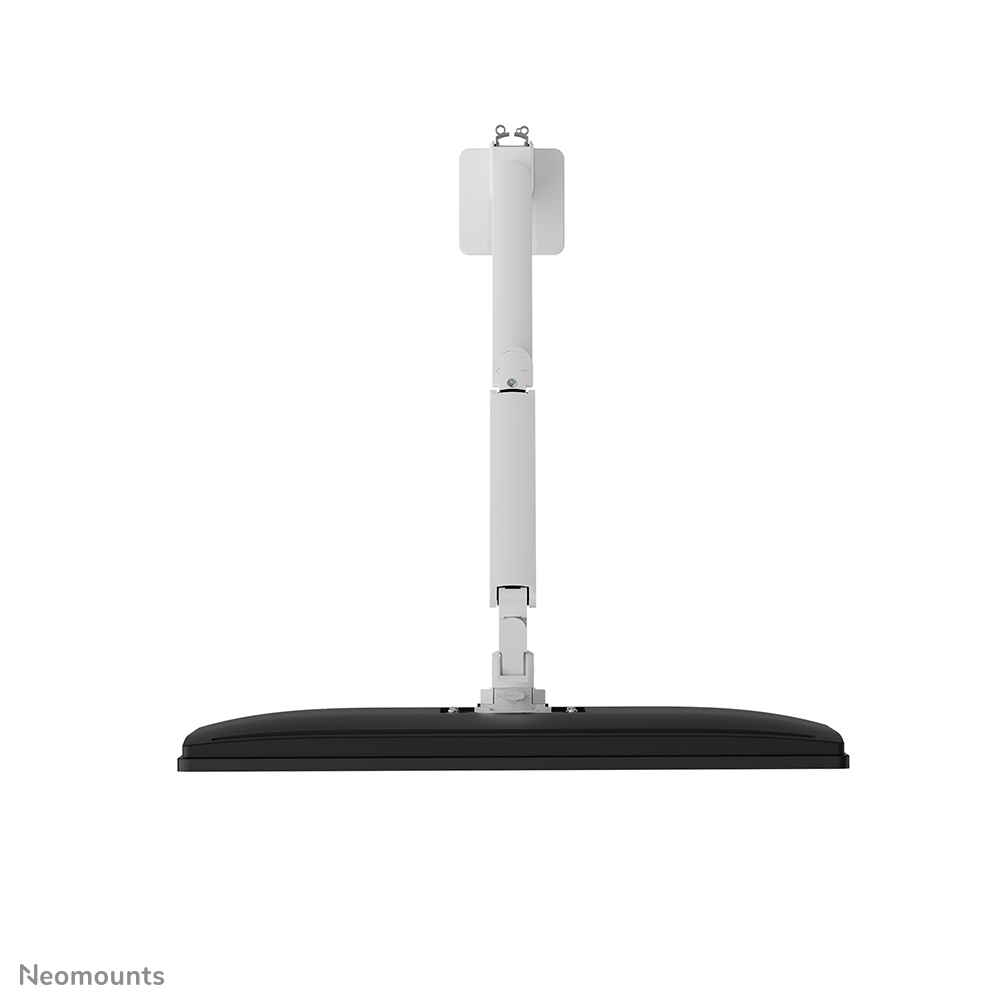 Un bras de moniteur blanc soutient un écran noir sur fond blanc.