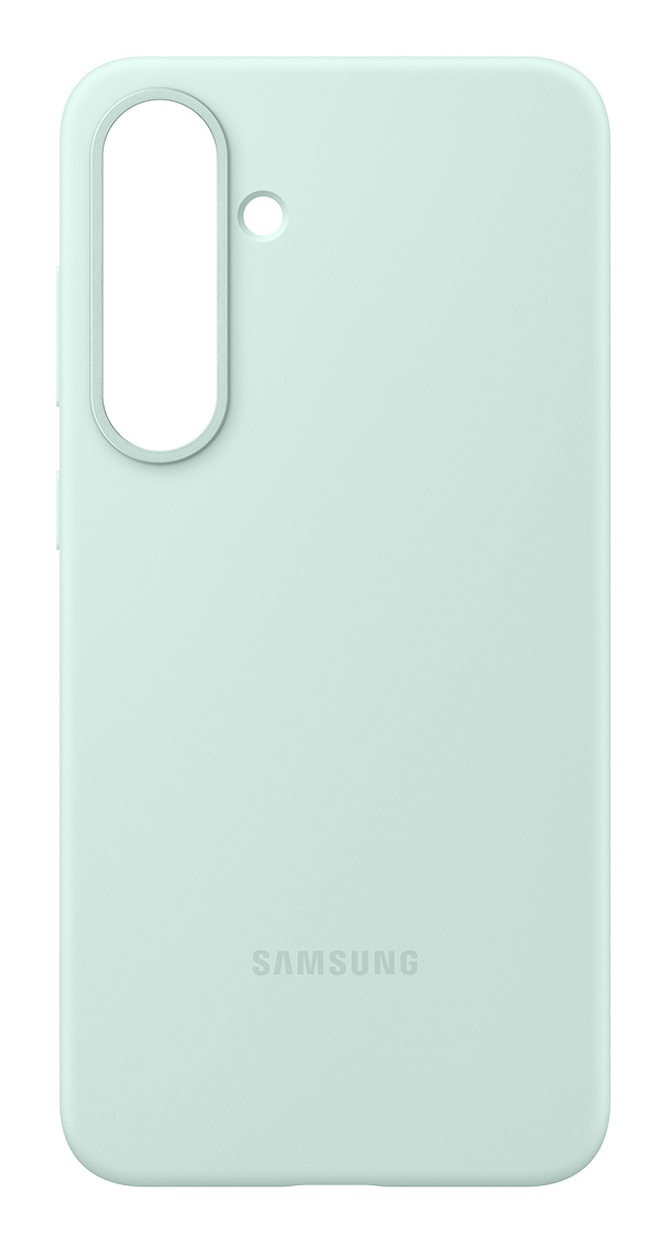 Funda para smartphone Samsung verde claro con recorte para la cámara y logotipo de Samsung.