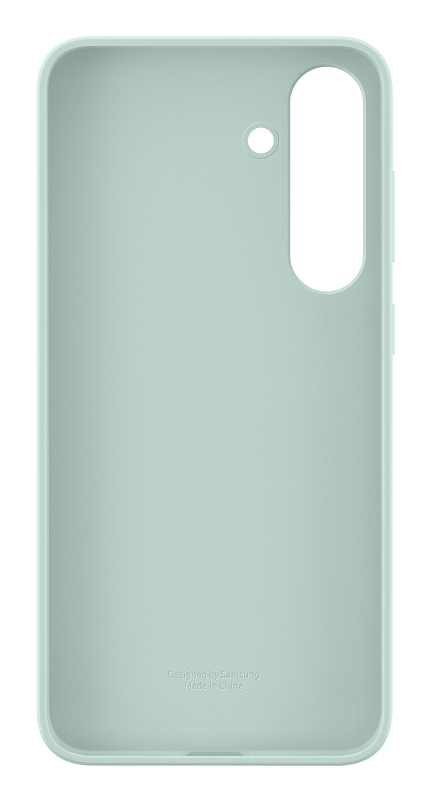 Vista interior de una funda de teléfono Samsung verde claro con recortes para cámaras y texto abajo.