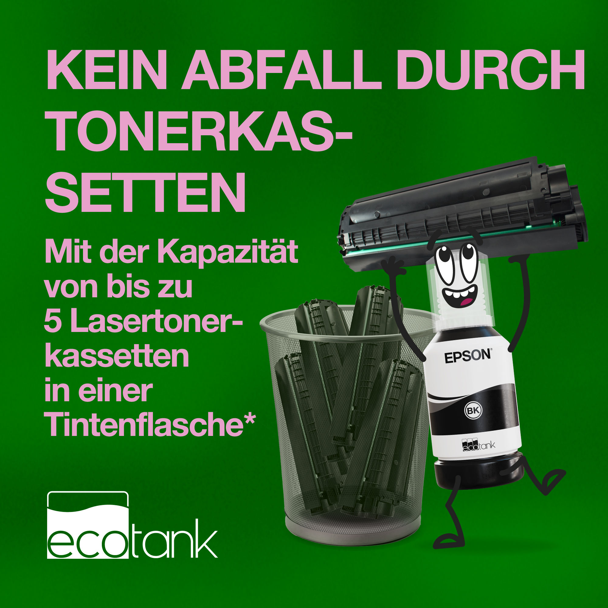 Una bottiglia Epson EcoTank esulta sopra un cestino pieno di vecchie cartucce su sfondo verde.