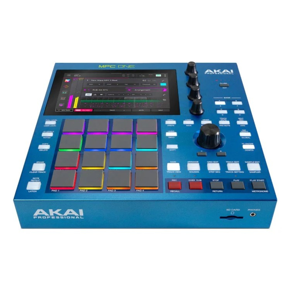 Niebieski sampler muzyczny Akai MPC One z ekranem dotykowym, szesnastoma kolorowymi padami i pokrętłami.