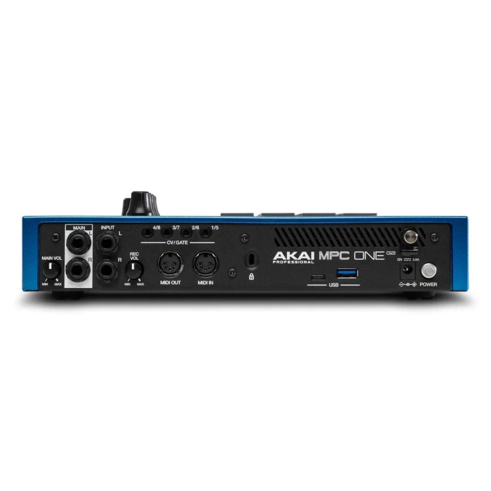 Tylny panel niebieskiego Akai MPC One Plus z portami audio, MIDI, USB i zasilania.