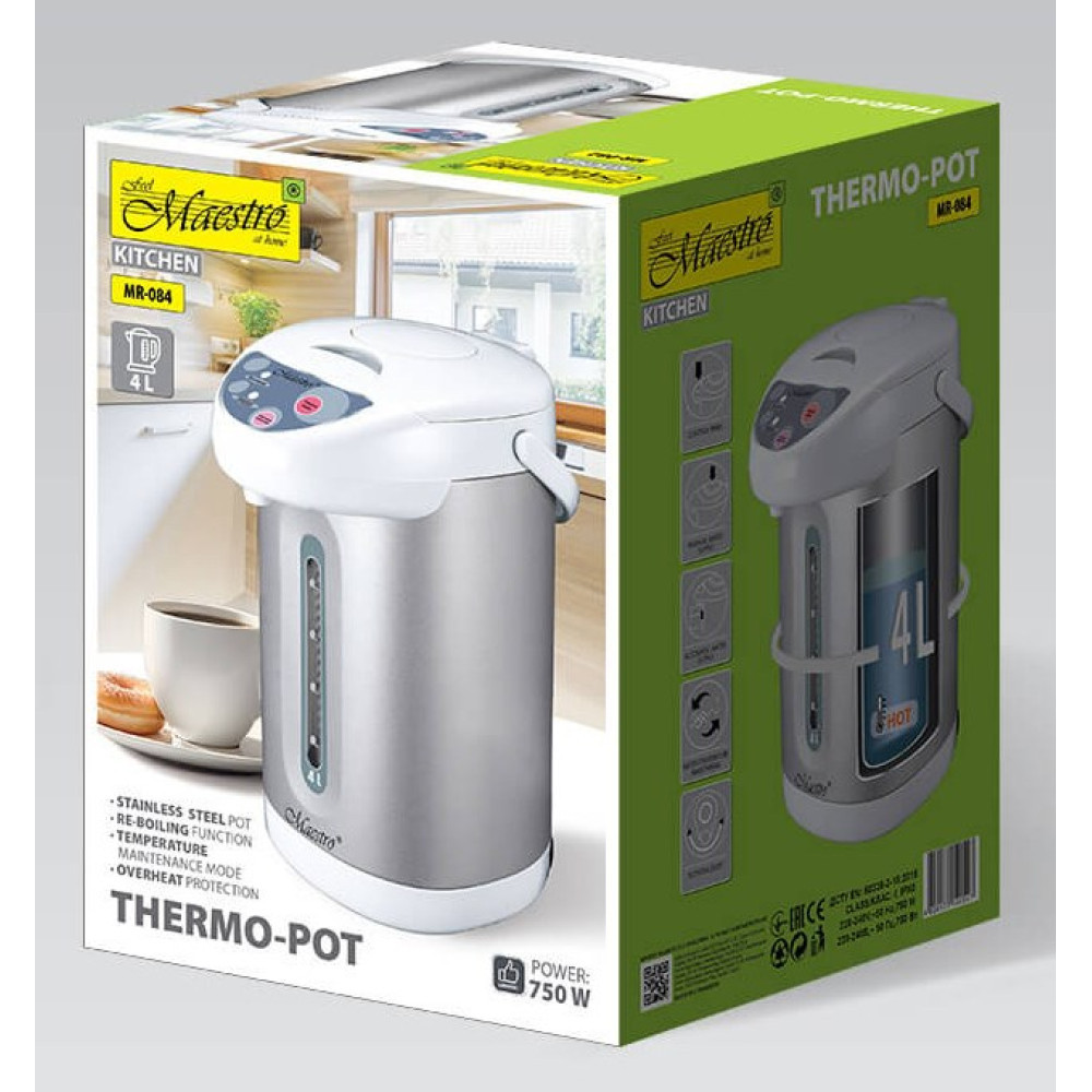 Opakowanie produktu srebrnego termosu Maestro Thermo-Pot 4L ze stali nierdzewnej.