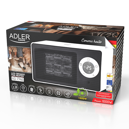 Verpackung eines ADLER LCD Keramik-Heizlüfters mit digitalem Display und Produktdetails auf schwarzem Karton.