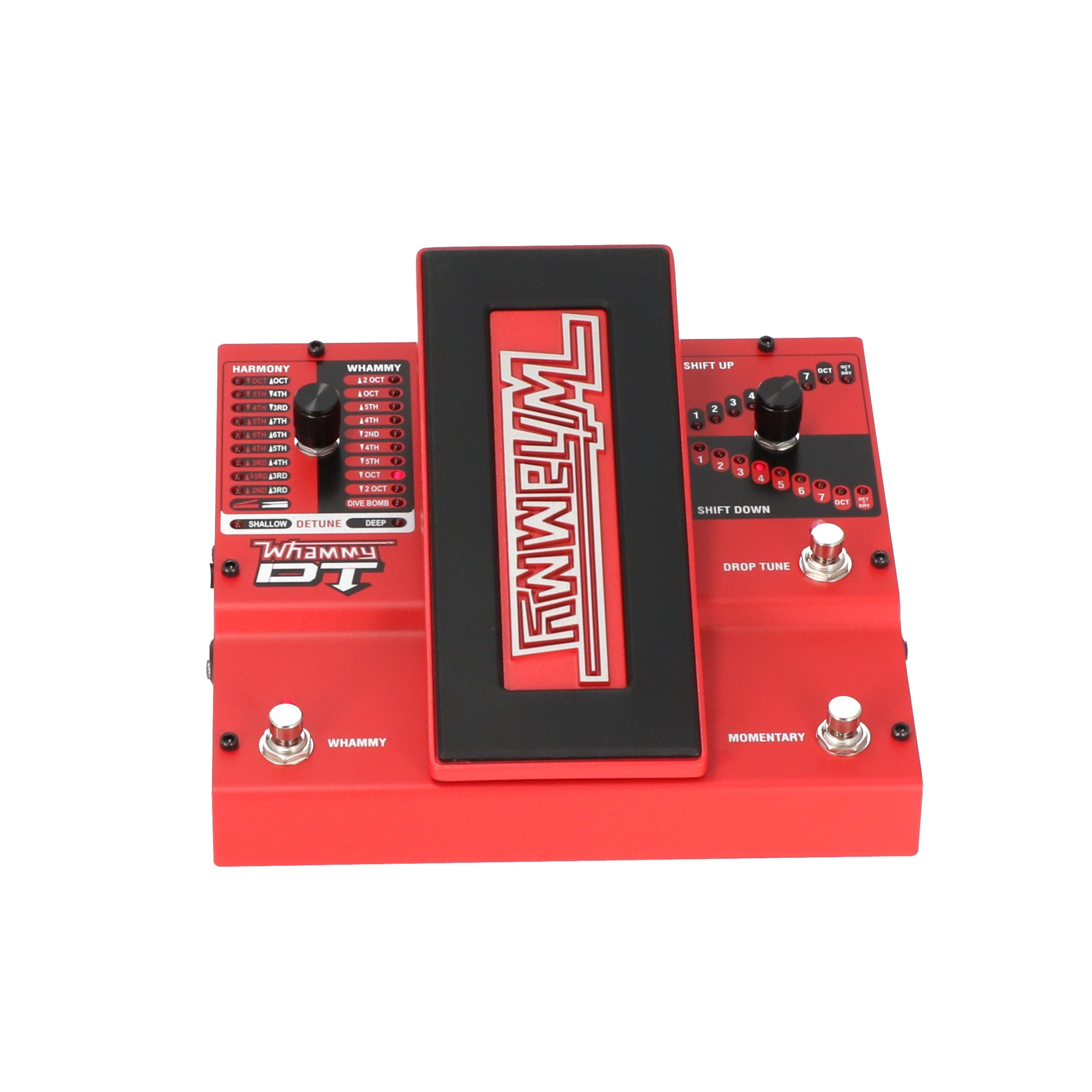 Czerwony pedał gitarowy Whammy DT z czarnymi elementami i pokrętłami na białym tle.