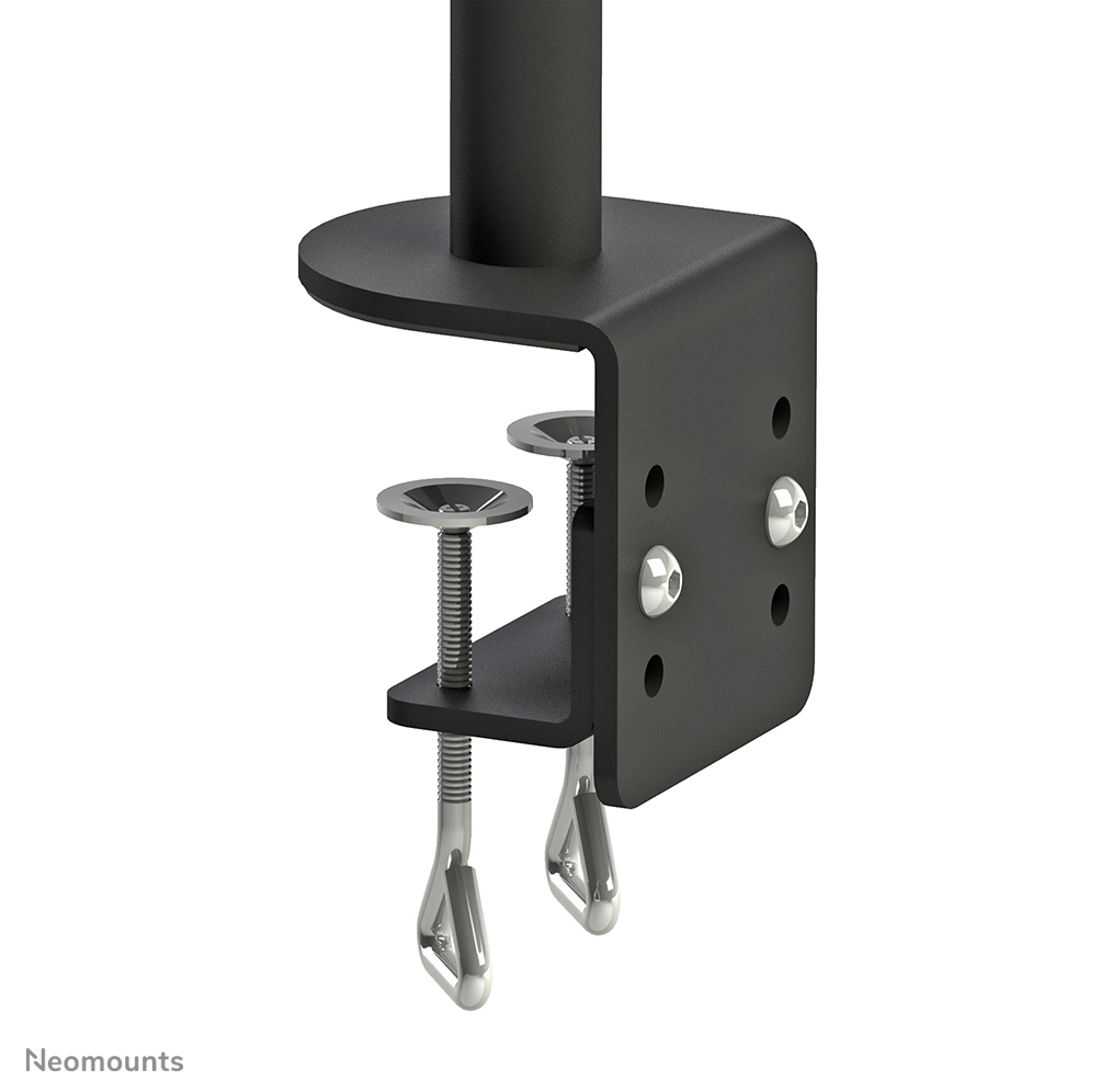Schwarze Schreibtischklemme mit zwei silbernen Schrauben vor weißem Hintergrund.
