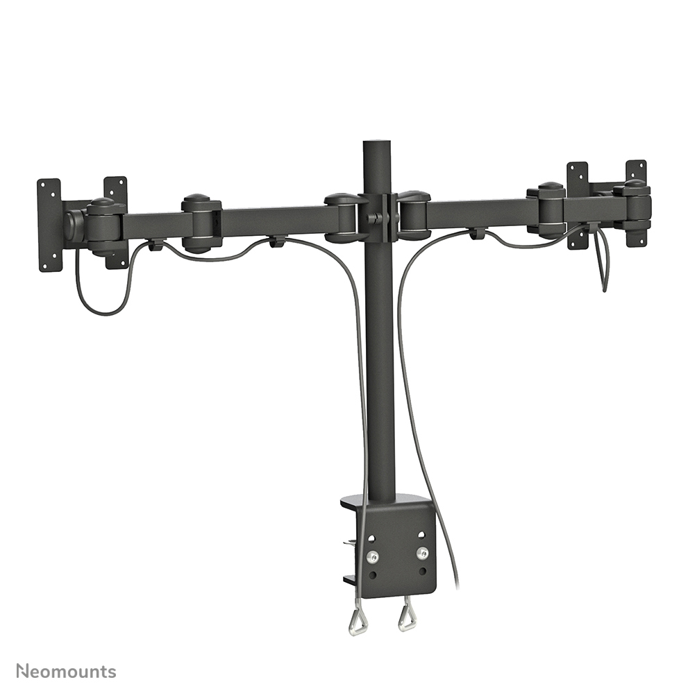 Schwarzer Tischhalter mit zwei Armen für Monitore und Kabeln.