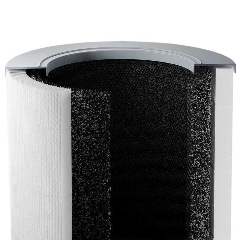 Filtro cilindrico per purificatore d'aria con strati esterni bianchi e nucleo nero testurizzato su sfondo bianco.