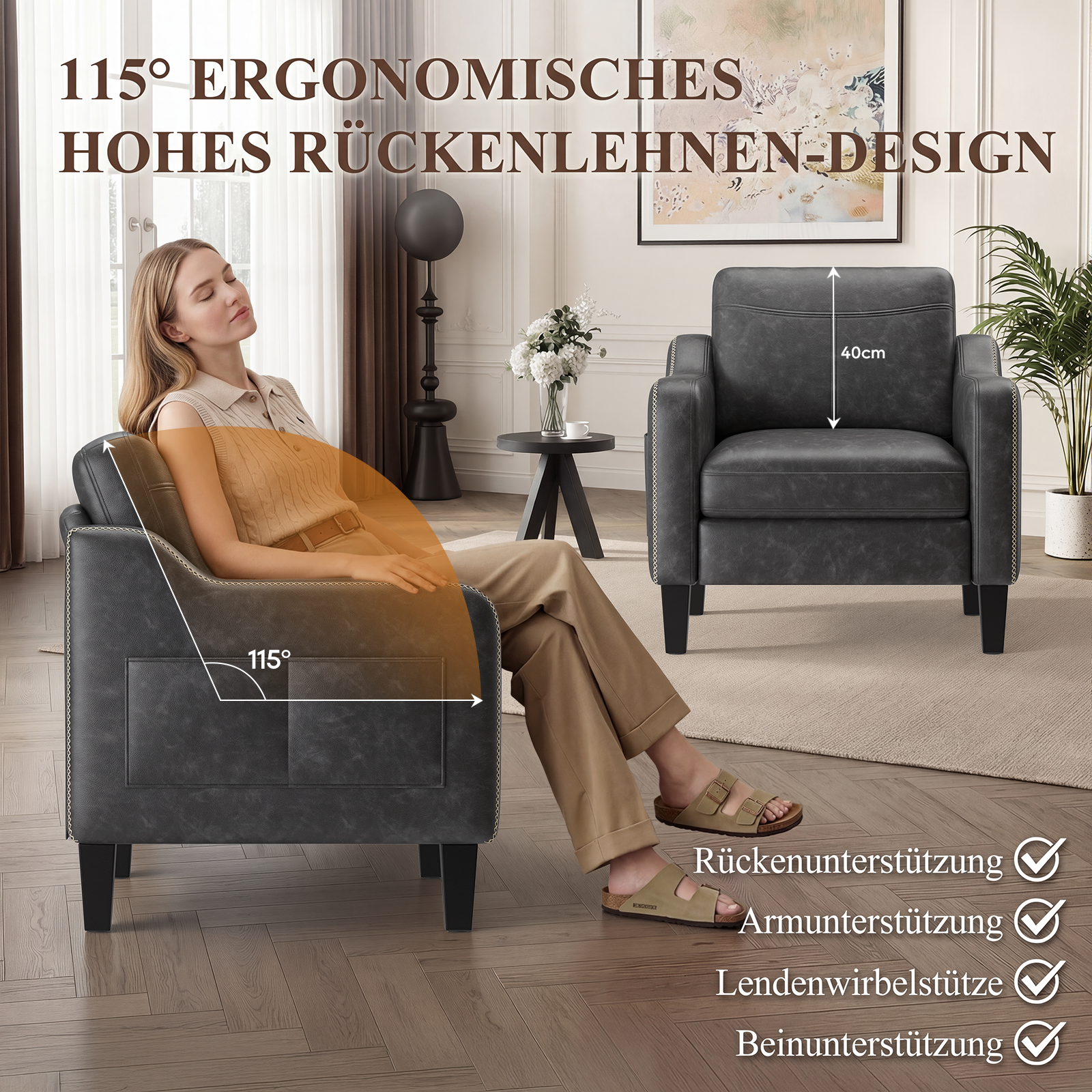Una donna si rilassa in una poltrona in pelle grigia ergonomica con inclinazione di 115 gradi in un soggiorno luminoso.
