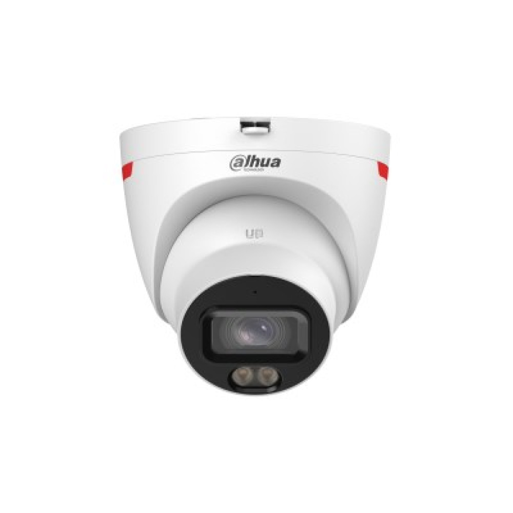 Biała kamera bezpieczeństwa Dahua z czarną obudową obiektywu i czerwonymi akcentami na białym tle.