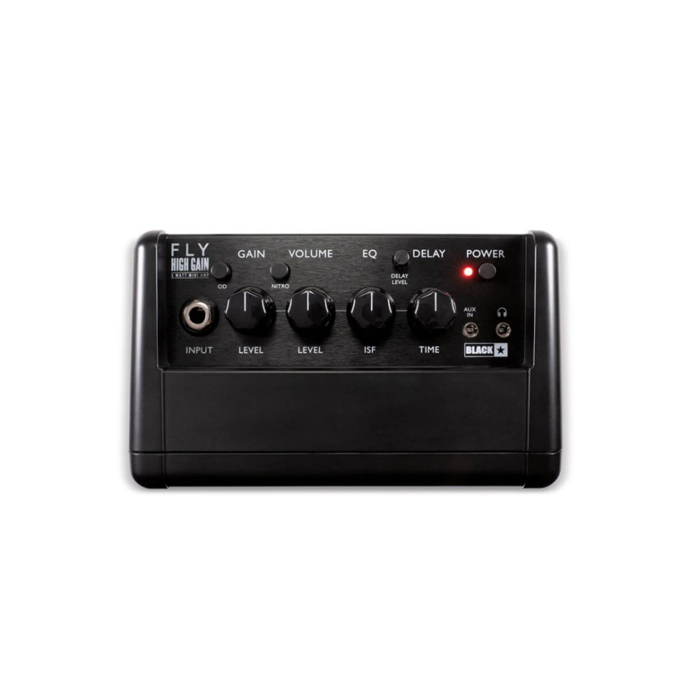 Czarny mini wzmacniacz Fly High Gain z pokrętłami gain, volume, EQ, delay i power oraz gniazdem wejściowym.