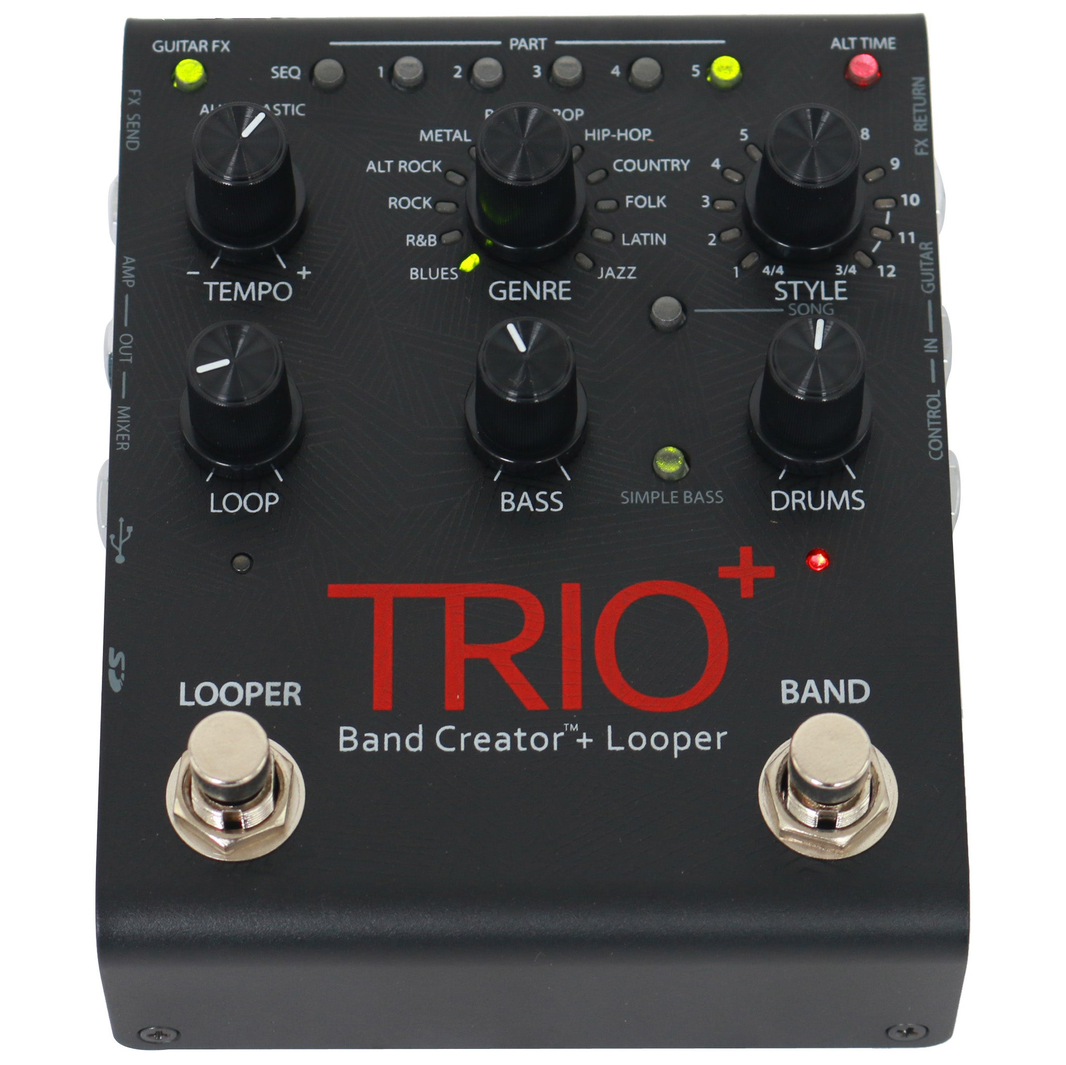 Czarny pedał gitarowy Digitech Trio+ z pokrętłami i przełącznikami.
