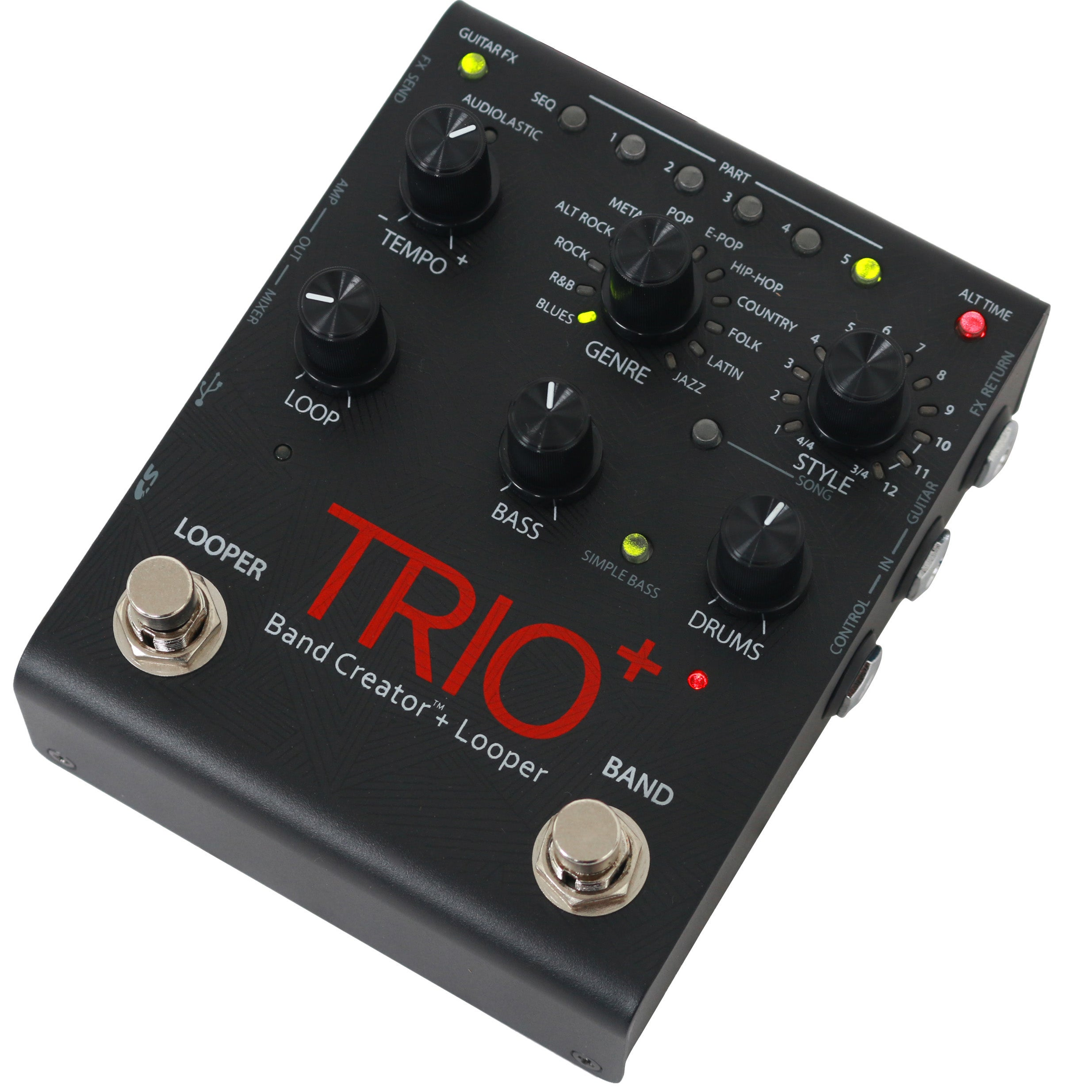 Czarny pedał efektów DigiTech Trio+ z różnymi pokrętłami i lampkami kontrolnymi.