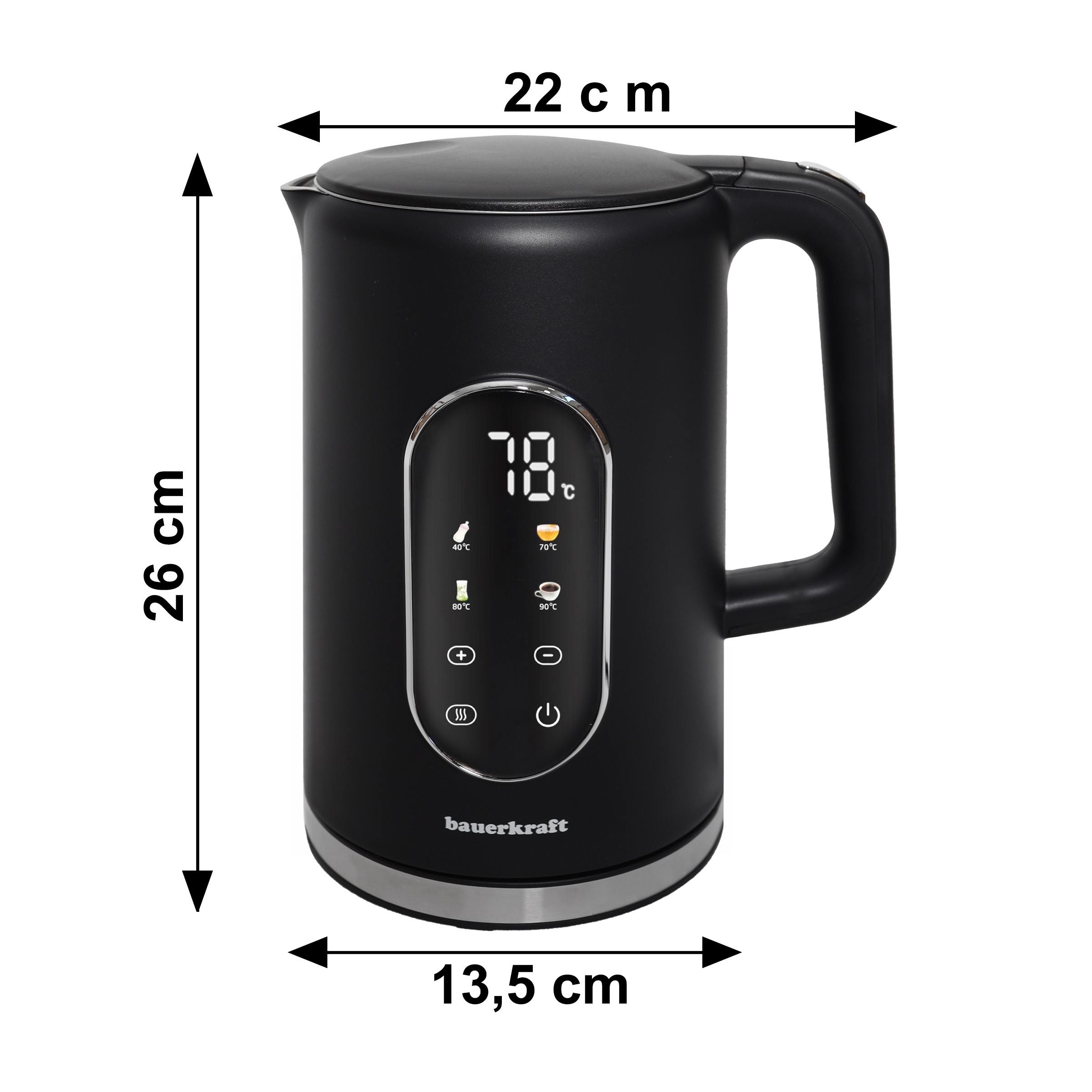 Czarny czajnik elektryczny z cyfrowym wyświetlaczem temperatury i wymiarami 26 cm wysokości oraz 22 cm szerokości.