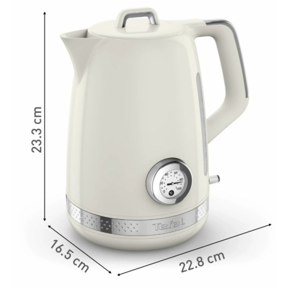 Kremowy czajnik elektryczny Tefal z termometrem i wymiarami.