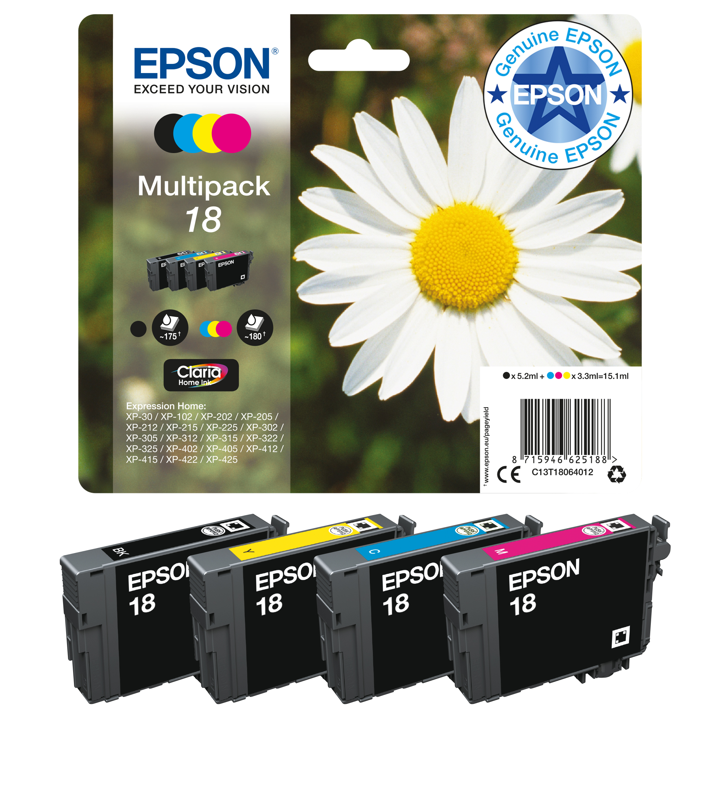 Multipaquete de tinta Epson 18 con cuatro cartuchos, una margarita en el empaque y lista de impresoras compatibles.