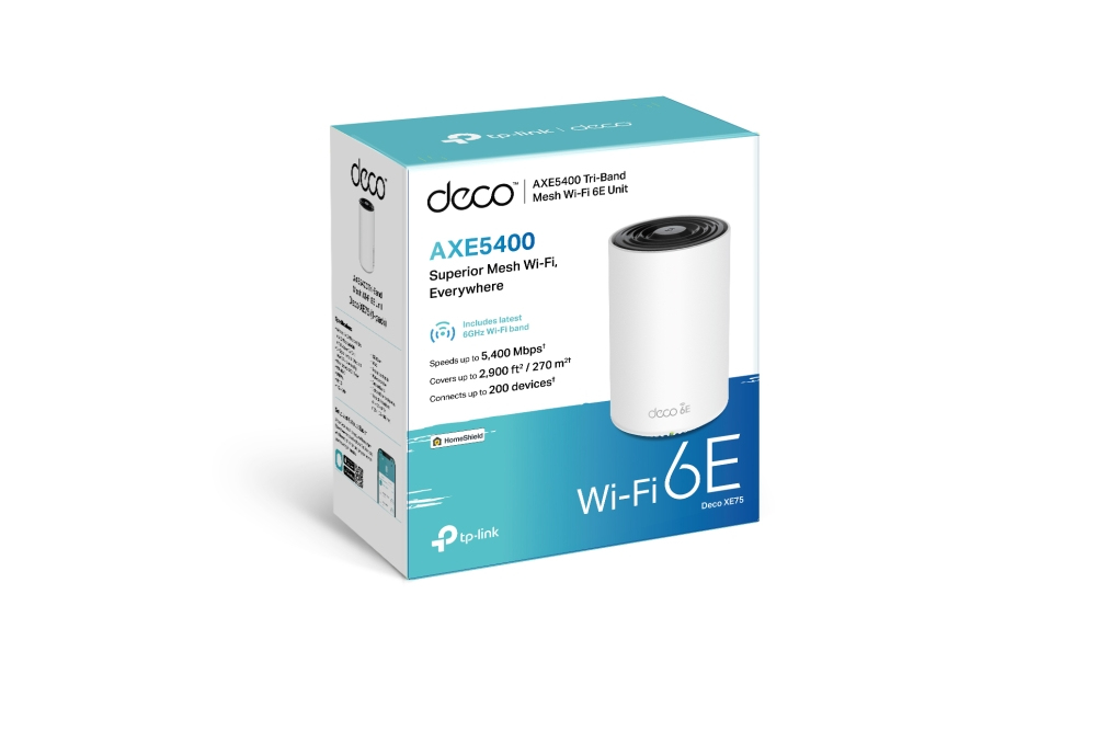 Caja del enrutador mesh Wi-Fi 6E TP-Link Deco XE75 que muestra el dispositivo cilíndrico blanco sobre fondo verde azulado.