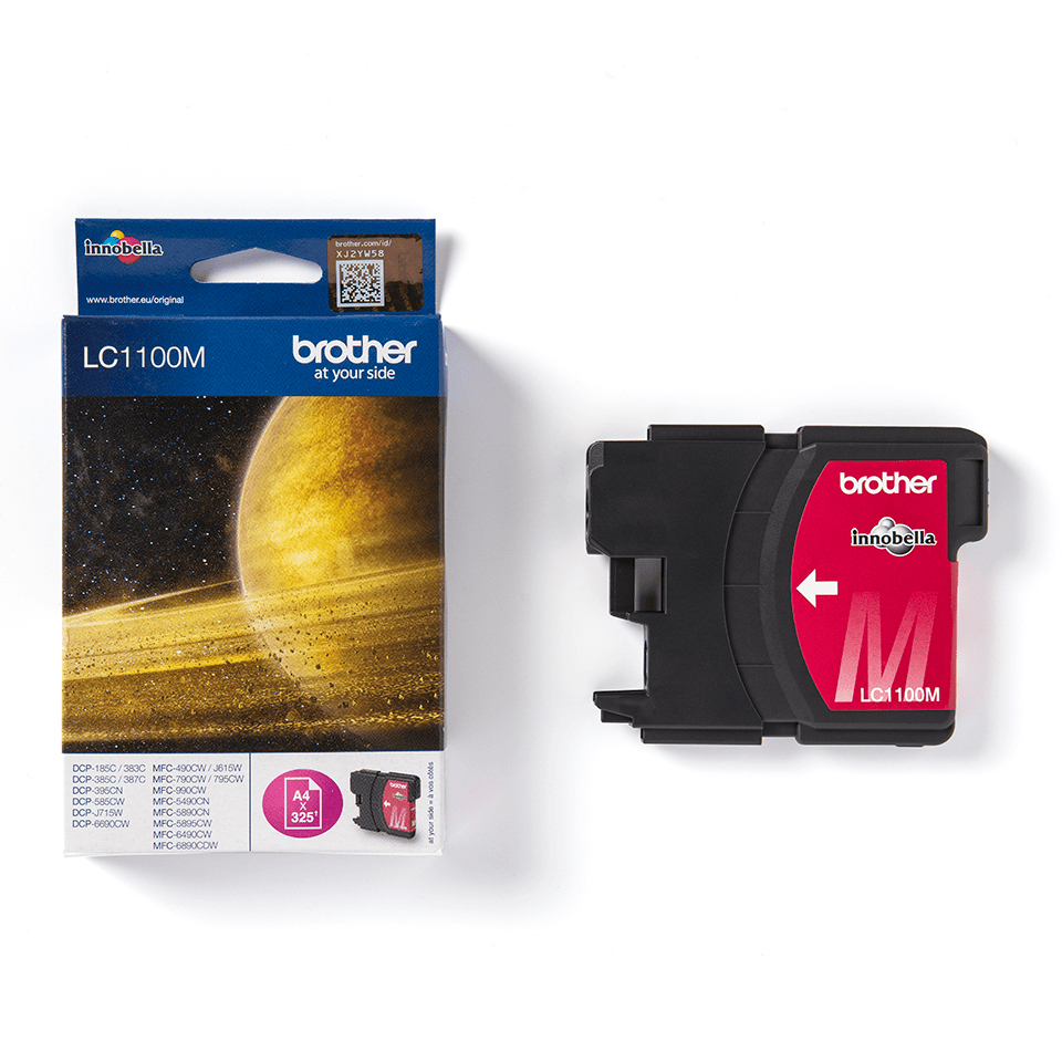 Brother LC1100M Magenta Tintenpatrone mit Originalverpackung auf weißem Hintergrund.