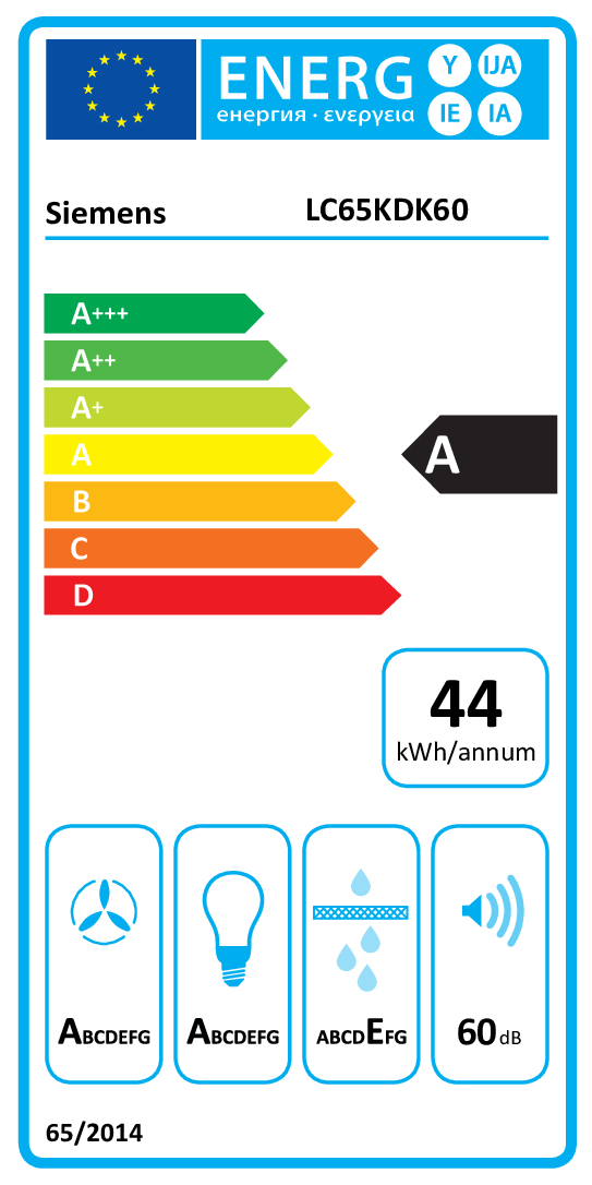 Etichetta energetica UE per Siemens LC65KDK60 con classe A, 44 kWh/anno e 60 dB di rumore.