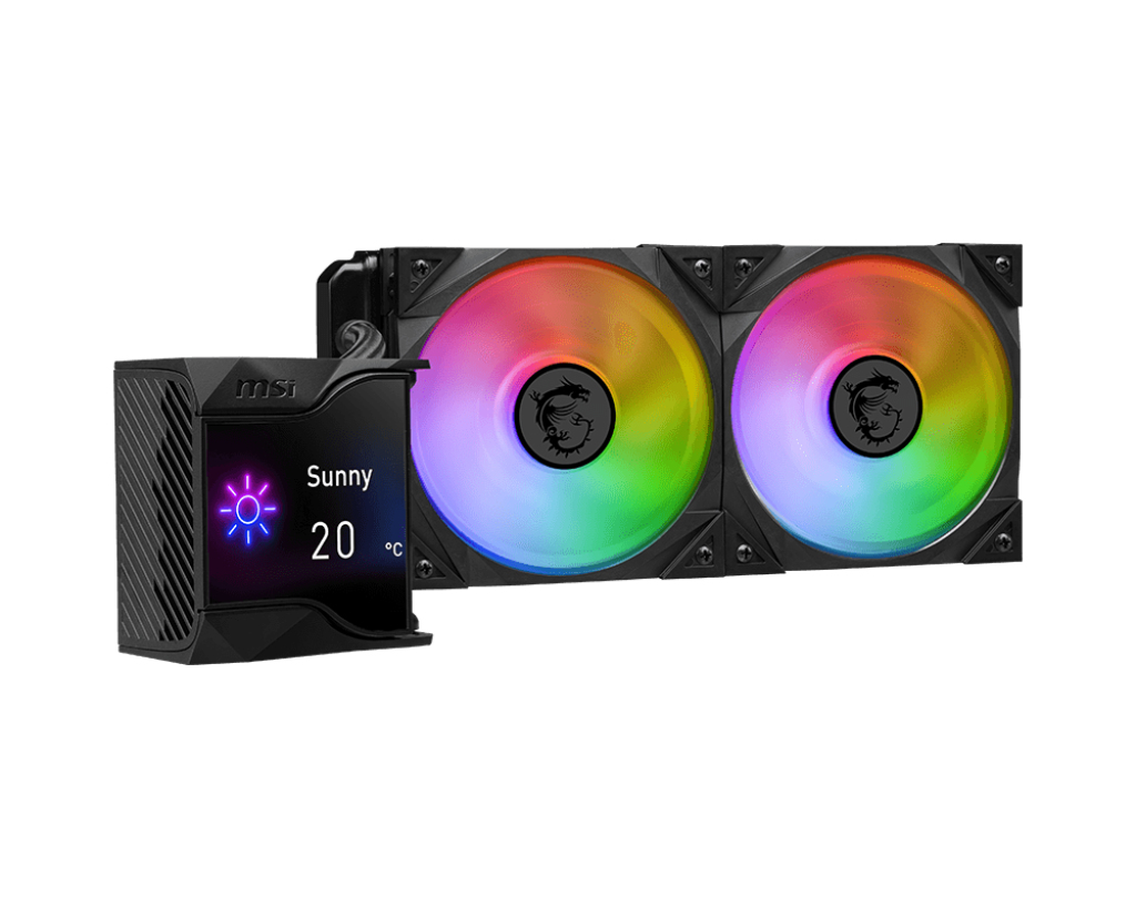 MSI-CPU-Wasserkühlung mit zwei RGB-Lüftern und einem LCD-Bildschirm, der sonniges Wetter und 20 Grad Celsius anzeigt.