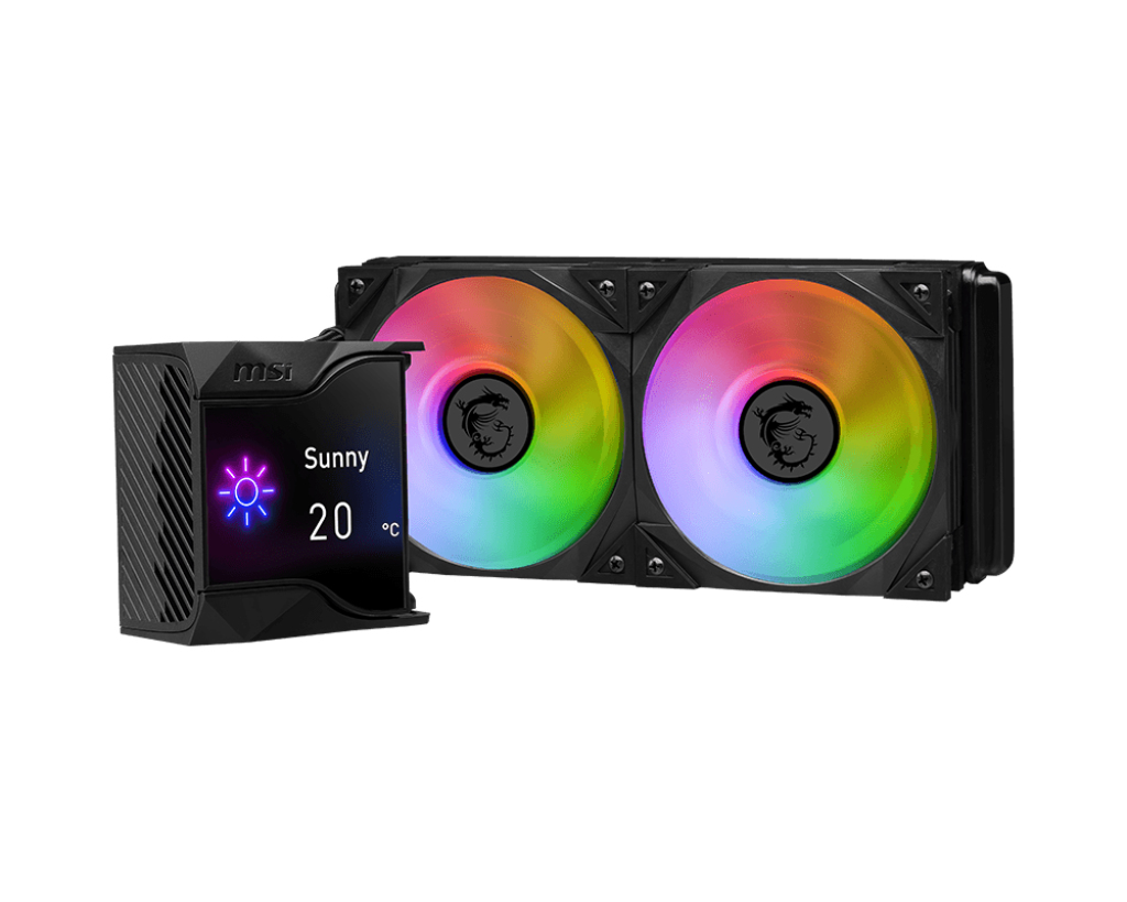 MSI-CPU-Wasserkühlung mit zwei RGB-Lüftern und LCD-Display, das wetter anzeigt.