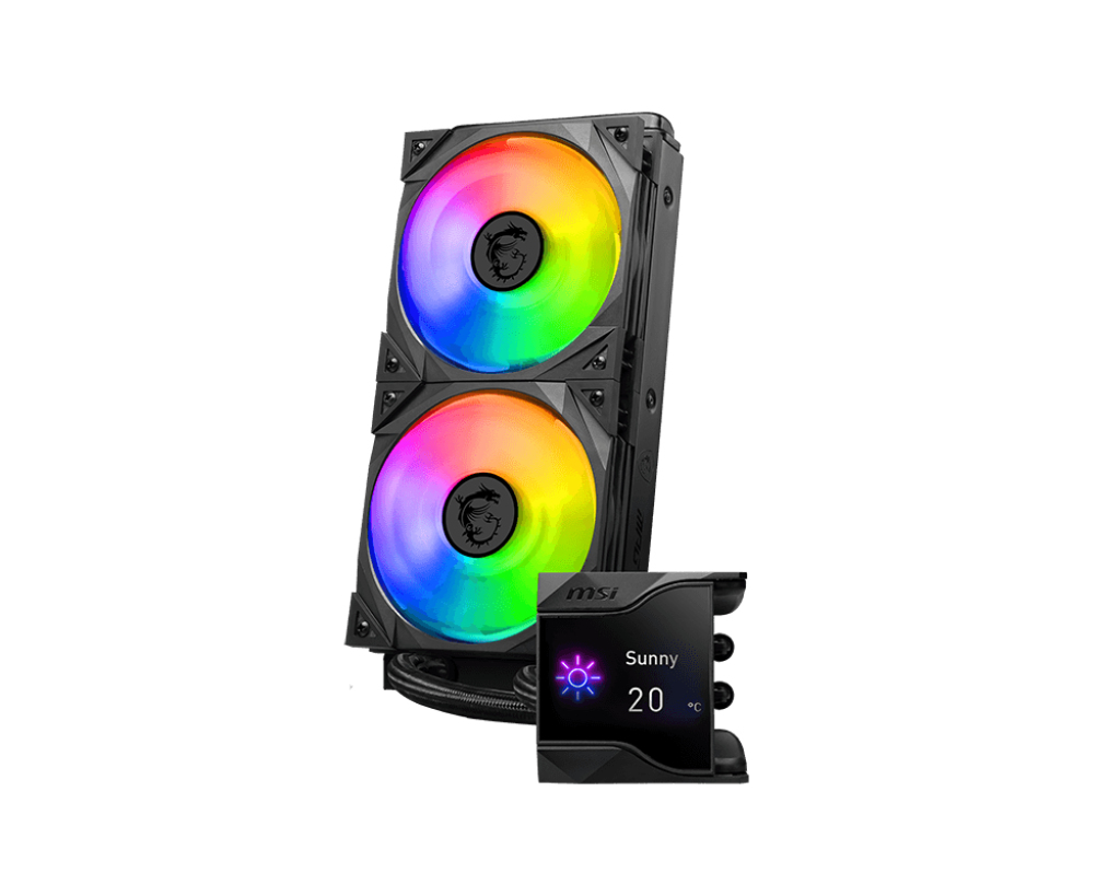 MSI Flüssigkühler mit zwei bunten RGB-Lüftern und einem kleinen Display mit Wetter- und Temperaturanzeige.
