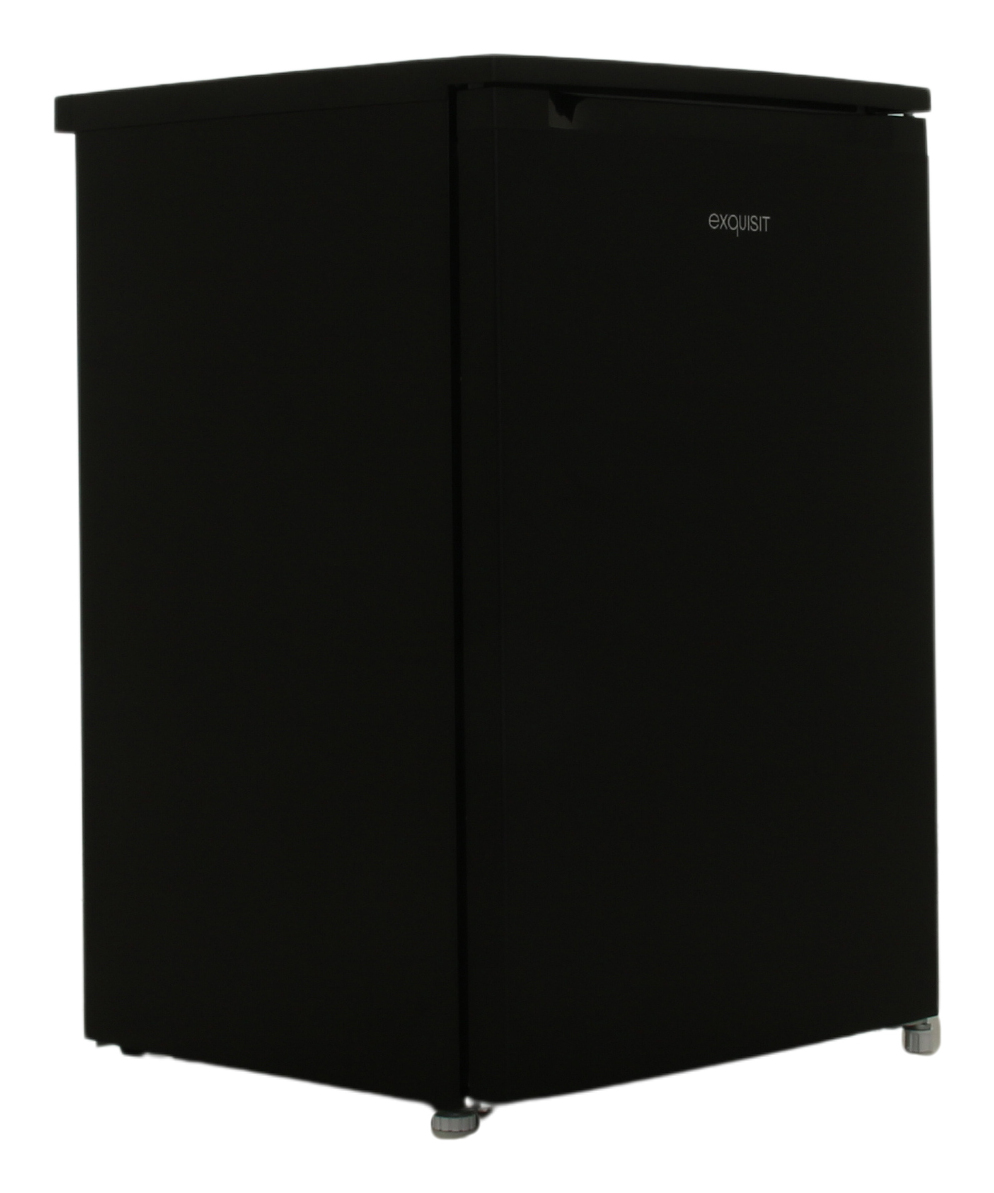 A freestanding black under-counter refrigerator with a simple door and adjustable feet on a white background.