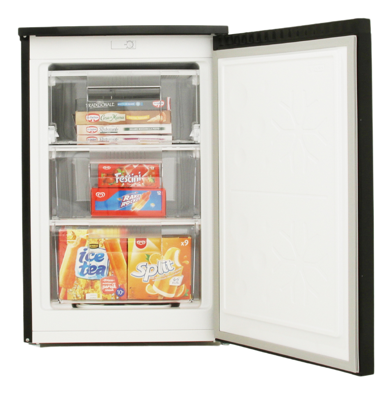 An open white freezer with a black frame, filled with frozen pizzas and ice cream boxes inside.