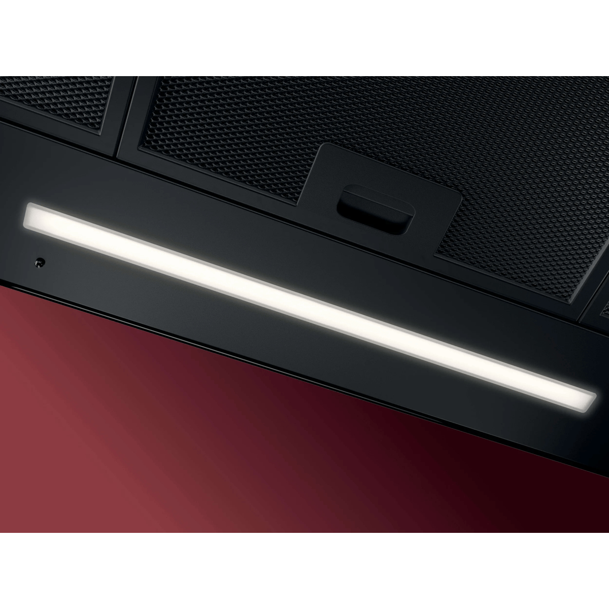 A black cooker hood with a long, glowing LED light bar and an integrated filter.