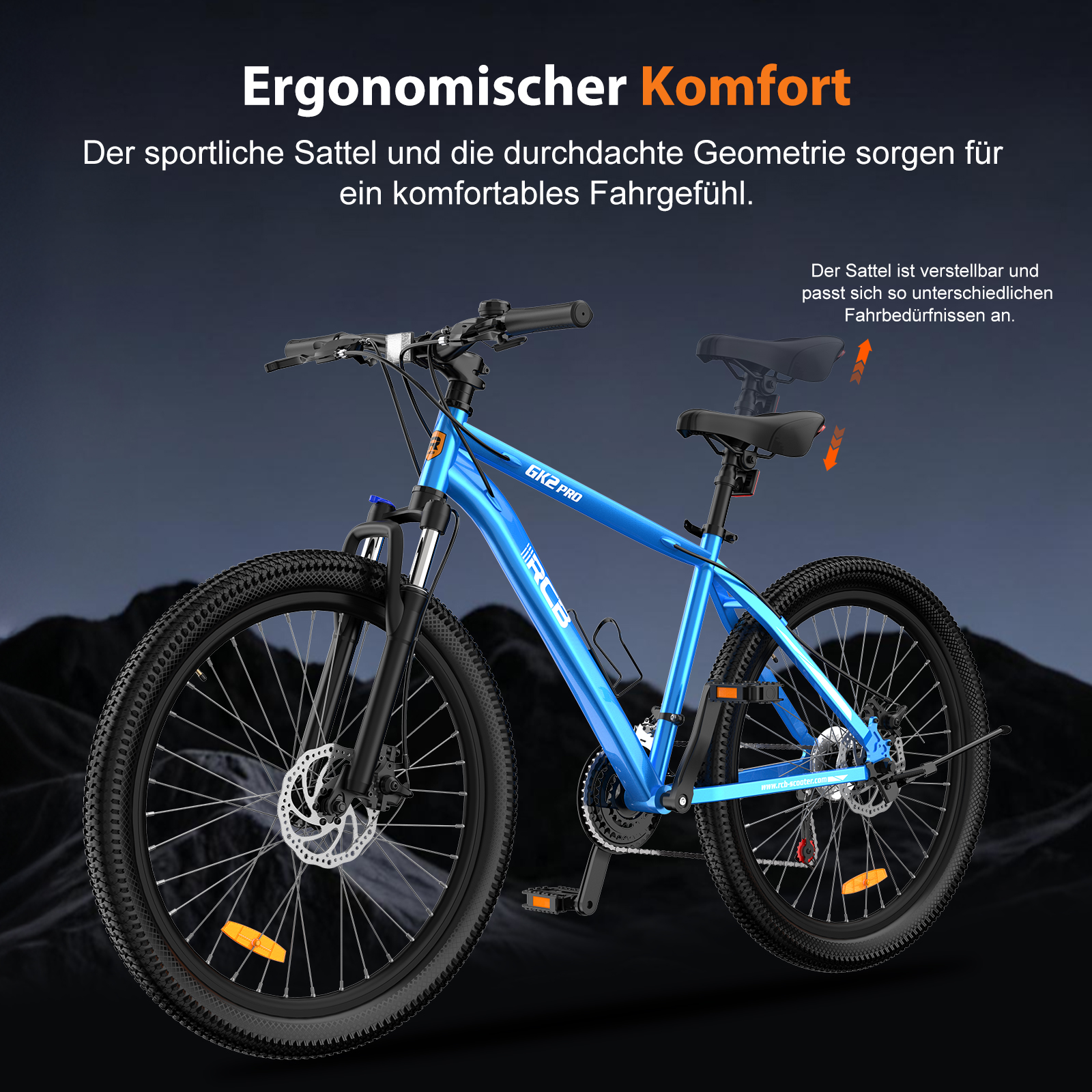 Una bicicleta de montaña azul con sillín ajustable y texto arriba.