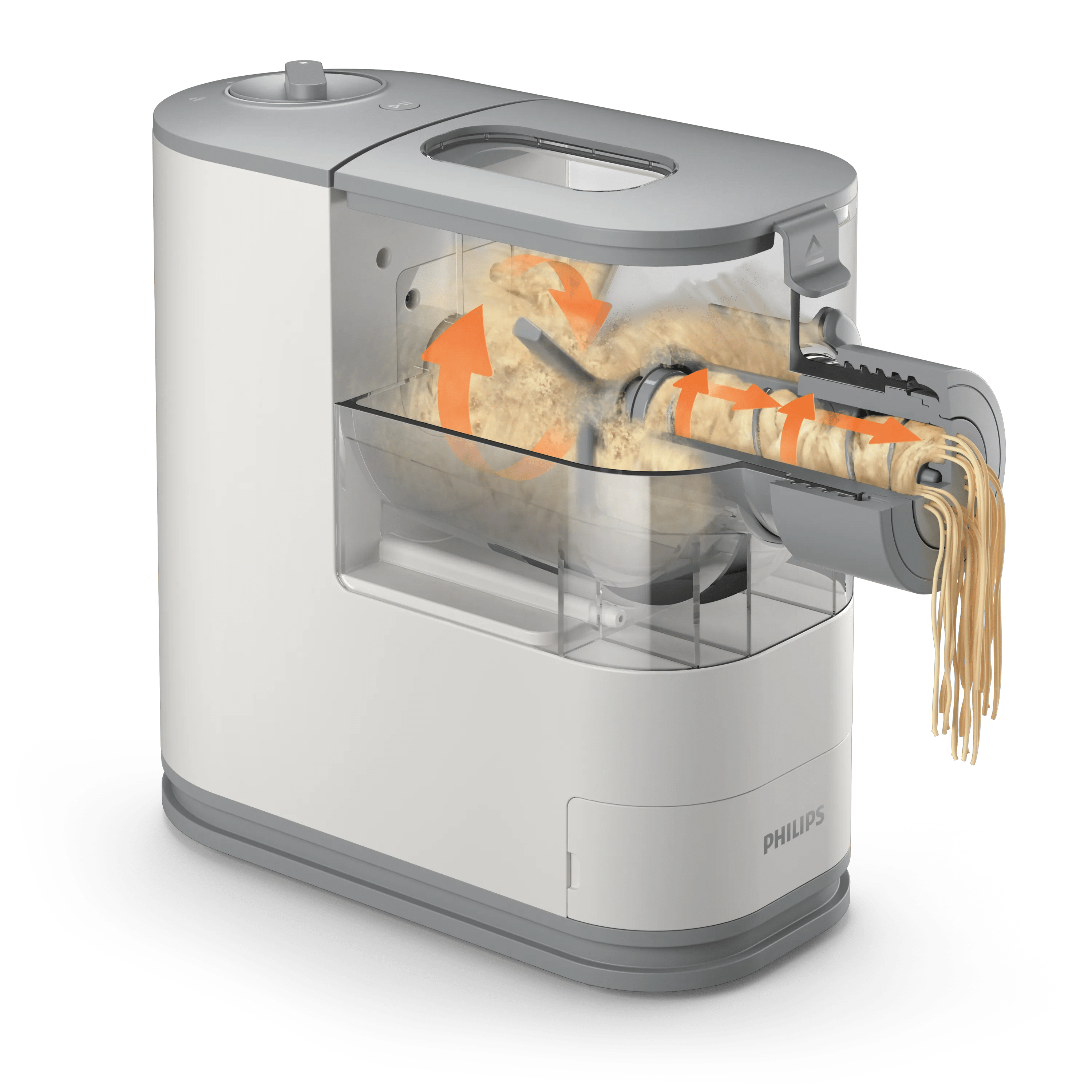 Corte de una máquina de pasta Philips blanca mostrando mezcla de masa y extrusión de fideos.
