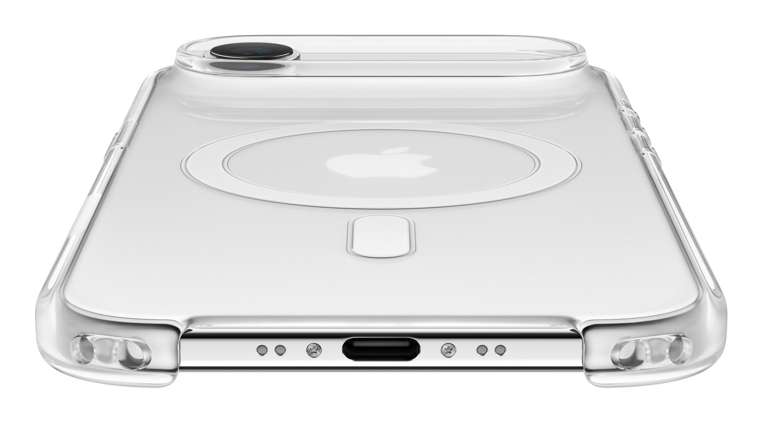 Custodia trasparente per smartphone su sfondo bianco, con anello MagSafe e aperture per porte.