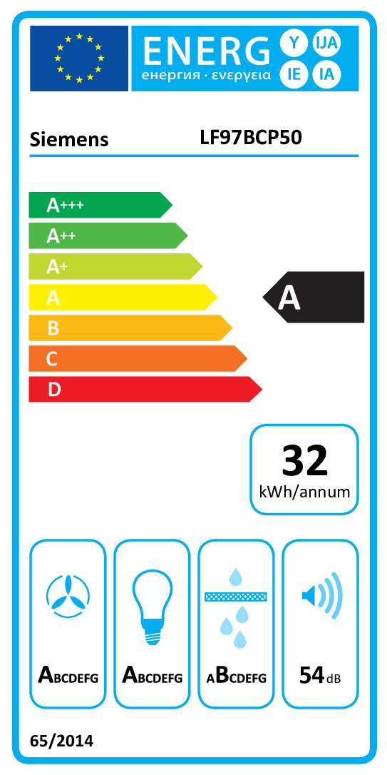 Siemens-Energielabel für Modell LF97BCP50 mit Energieklasse A und 32 kWh/Jahr.