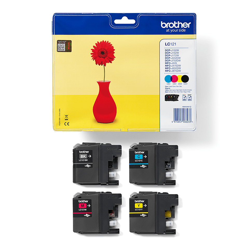 Cartucce d'inchiostro Brother LC121 in confezione con quattro cartucce individuali nere, ciano, magenta e gialle.