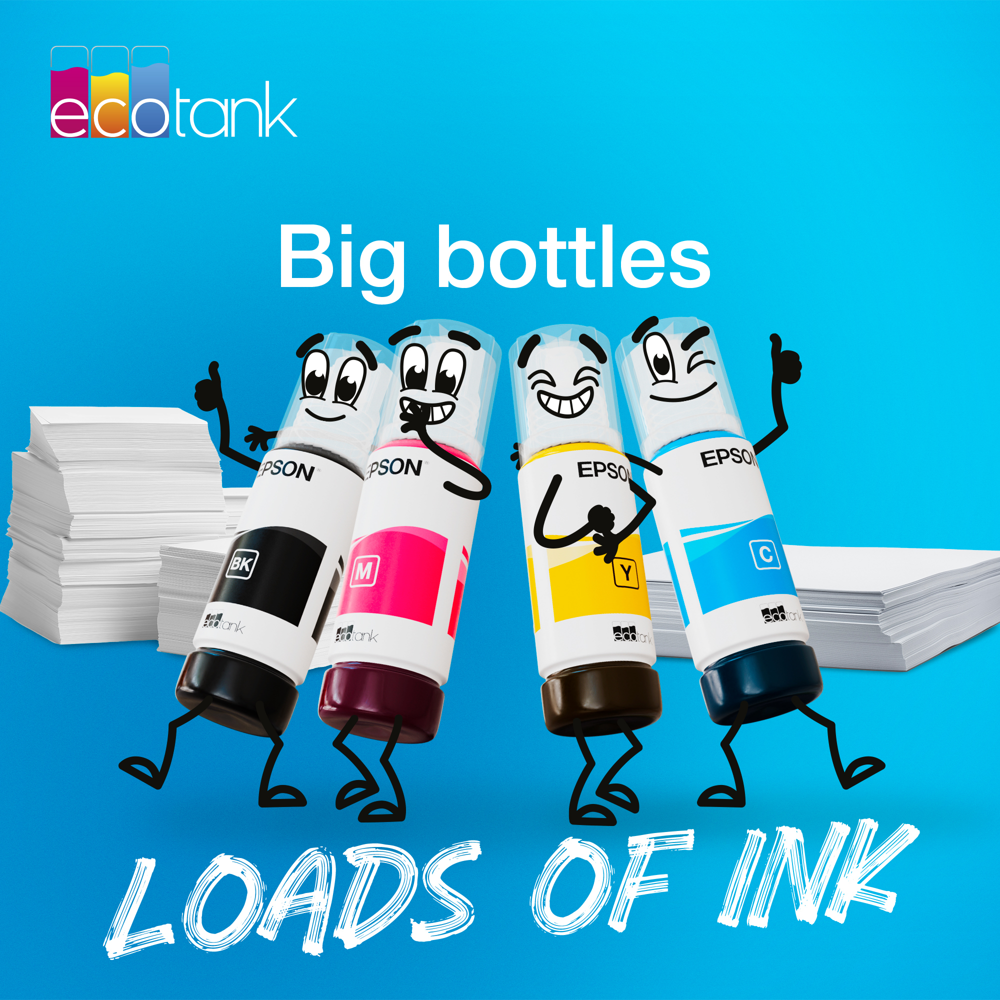 Cuatro botellas de tinta Epson de dibujos animados con piernas y caras frente a pilas de papel sobre fondo azul.