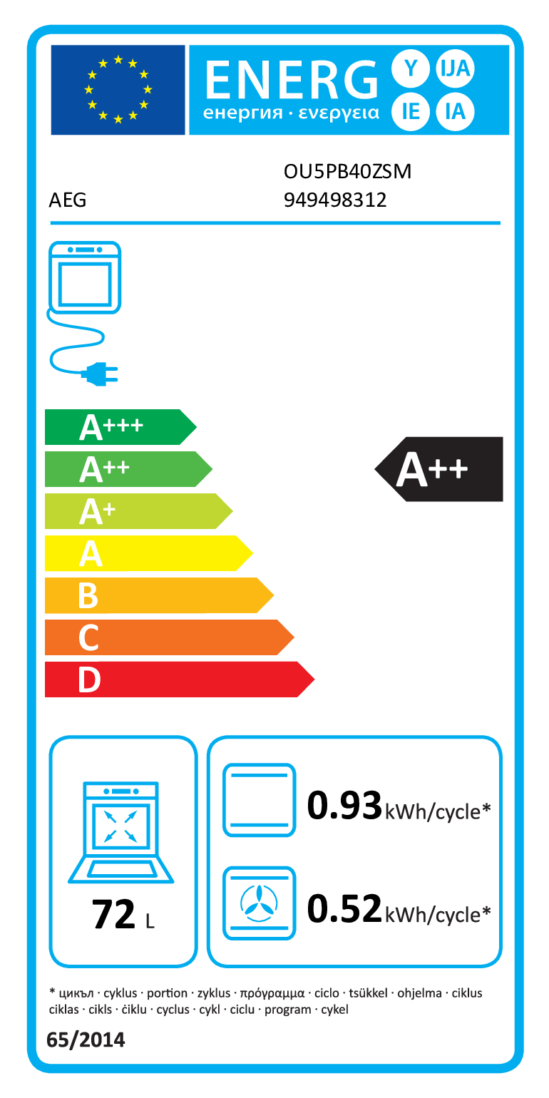 Etichetta energetica UE per forno AEG, classe A++, capacità 72 L, consumo energetico 0.93/0.52 kWh per ciclo.