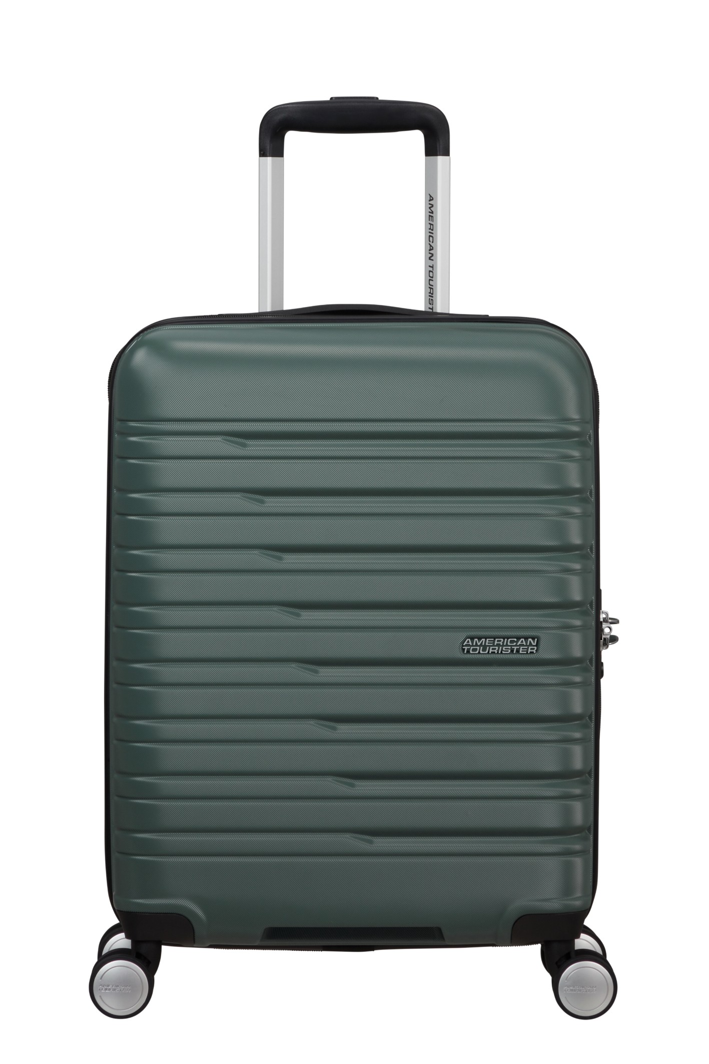Ciemnozielona walizka twarda American Tourister z wysuwaną rączką i czterema kółkami na białym tle.
