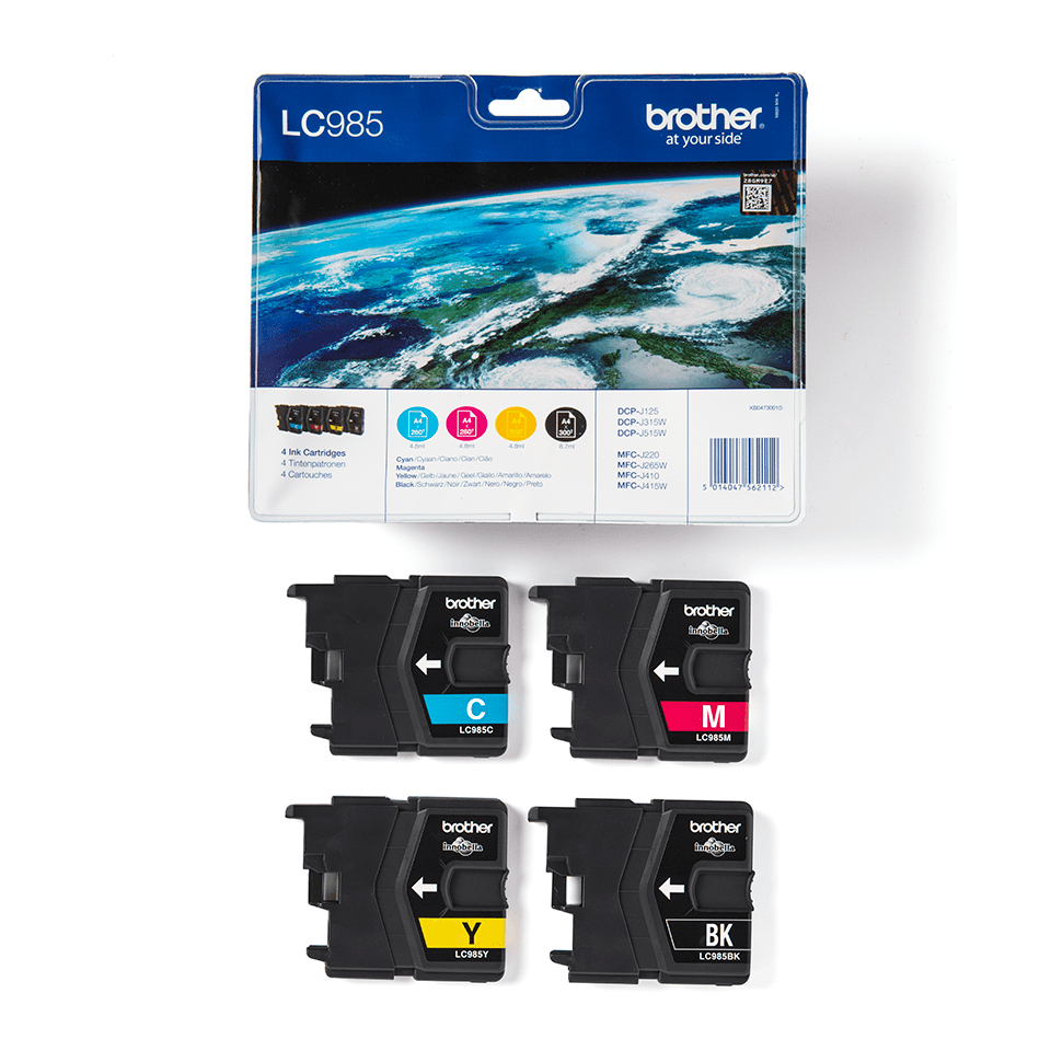 Multipack di cartucce d'inchiostro Brother LC985 con confezione e quattro cartucce a colori ciano, magenta, giallo e nero.