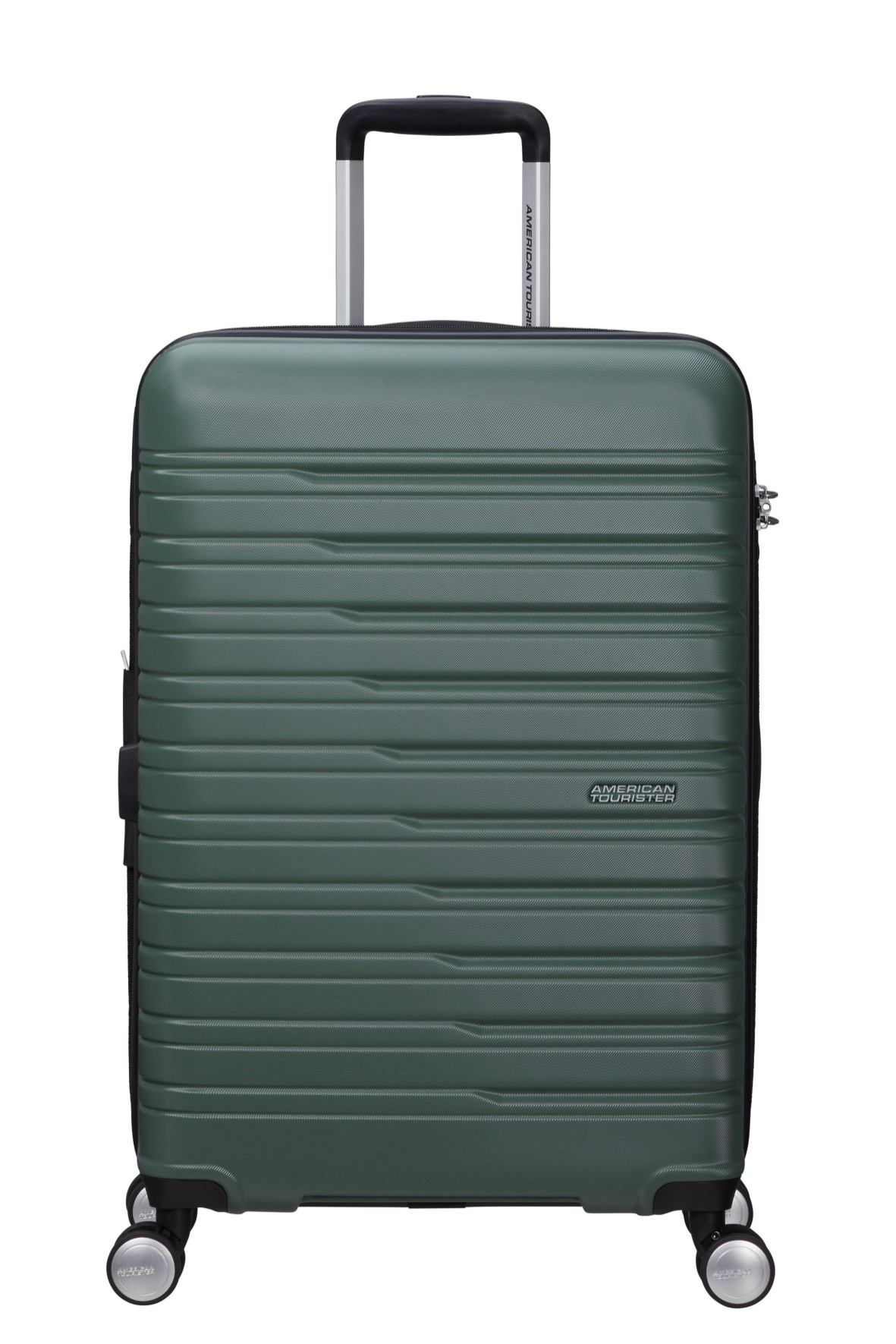 Duża, zielona walizka twarda American Tourister z wysuwaną rączką i czterema kółkami na białym tle.