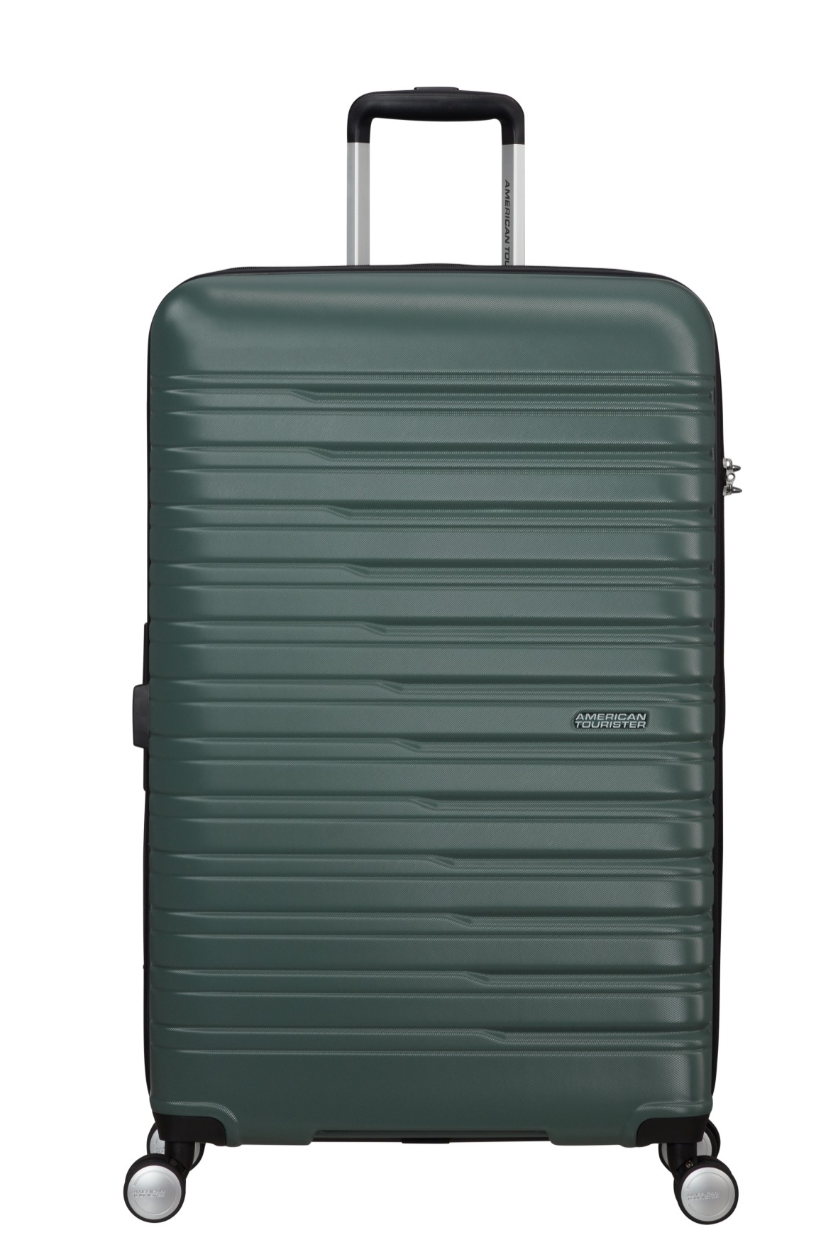 Ciemnozielona waliza twarda American Tourister z czterema kółkami i wysuwaną rączką na białym tle.