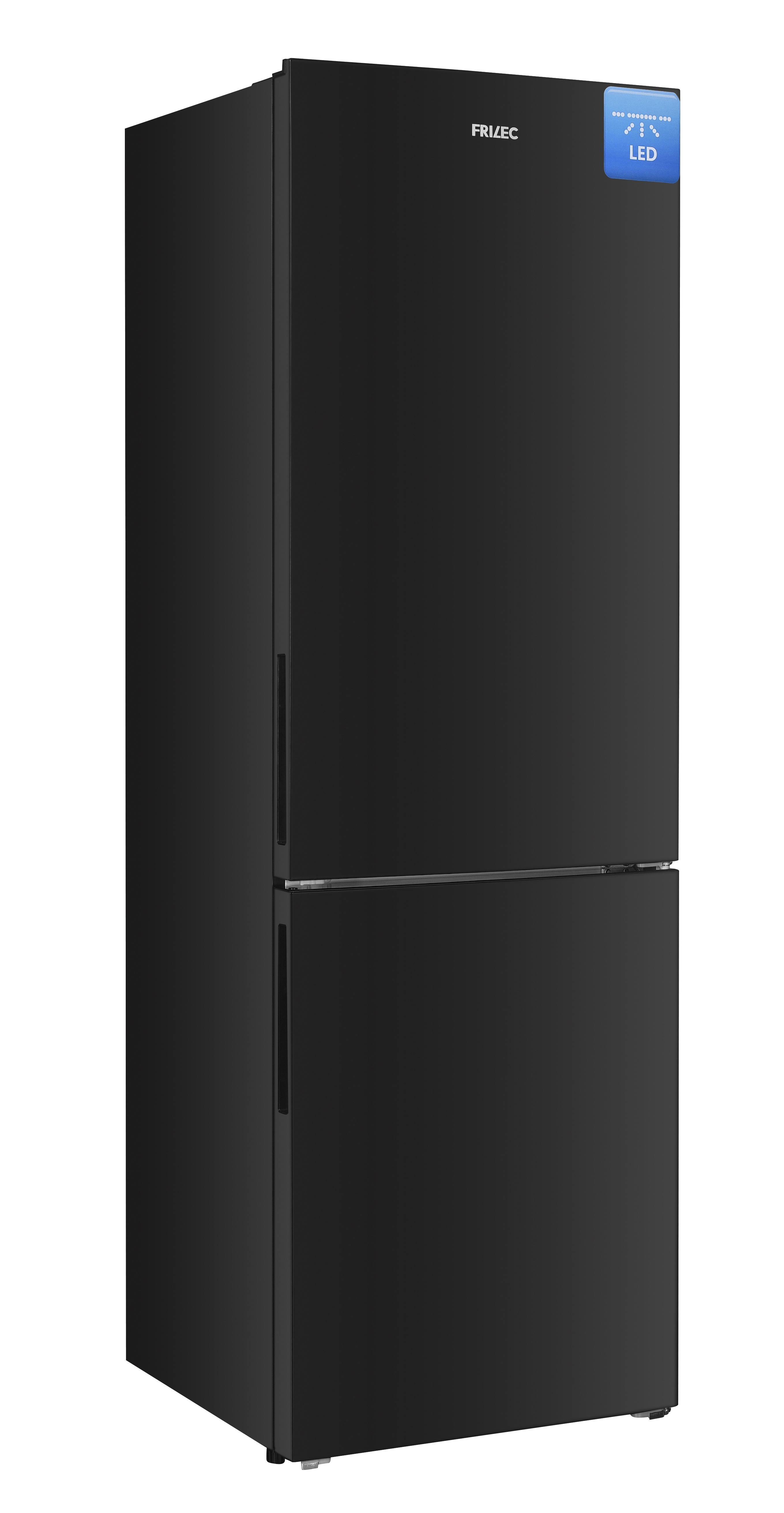 A modern black Friec refrigerator with recessed handles and a blue LED sticker on a white background.
