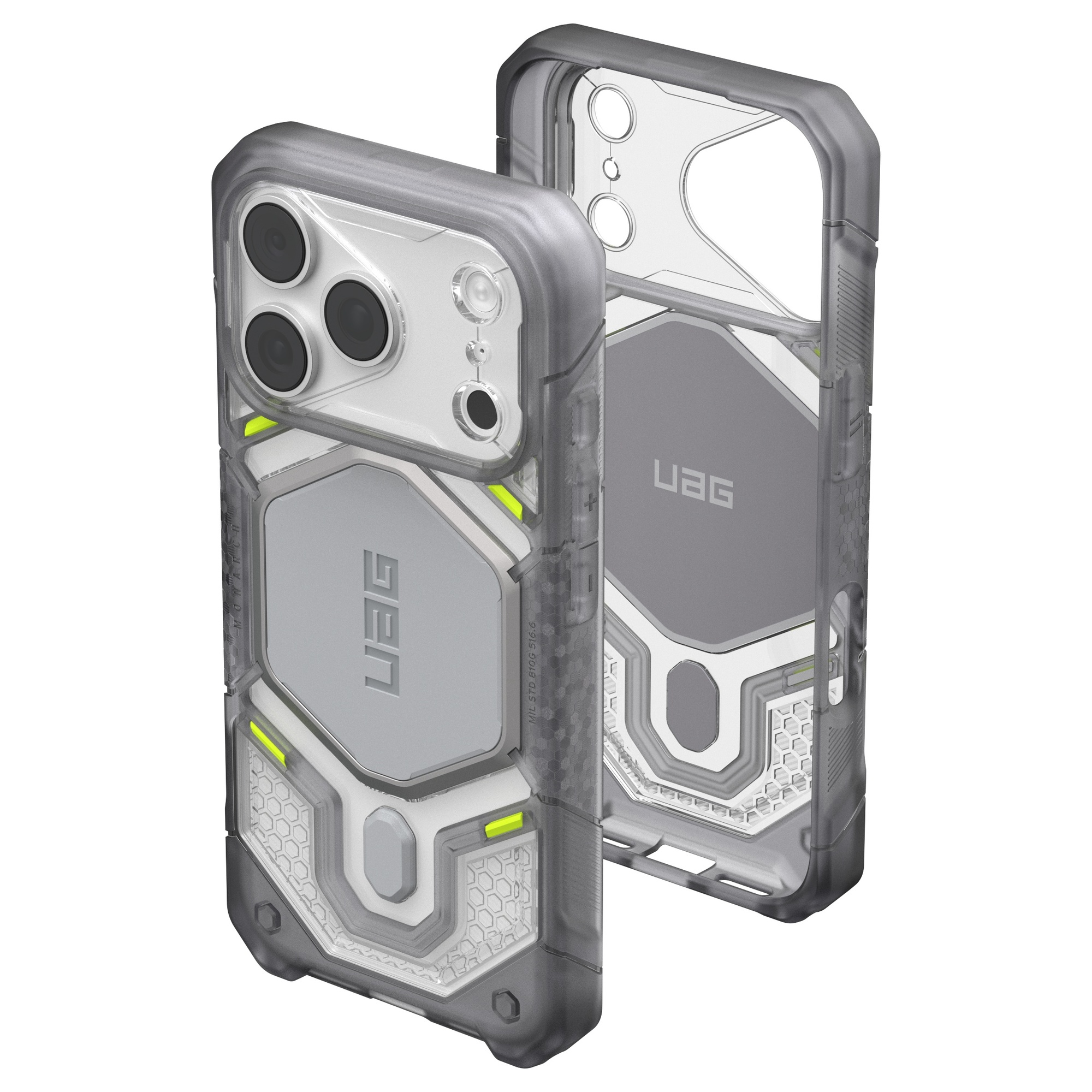 Due viste di una custodia per smartphone grigia e robusta con design esagonale e logo UAG su sfondo bianco.