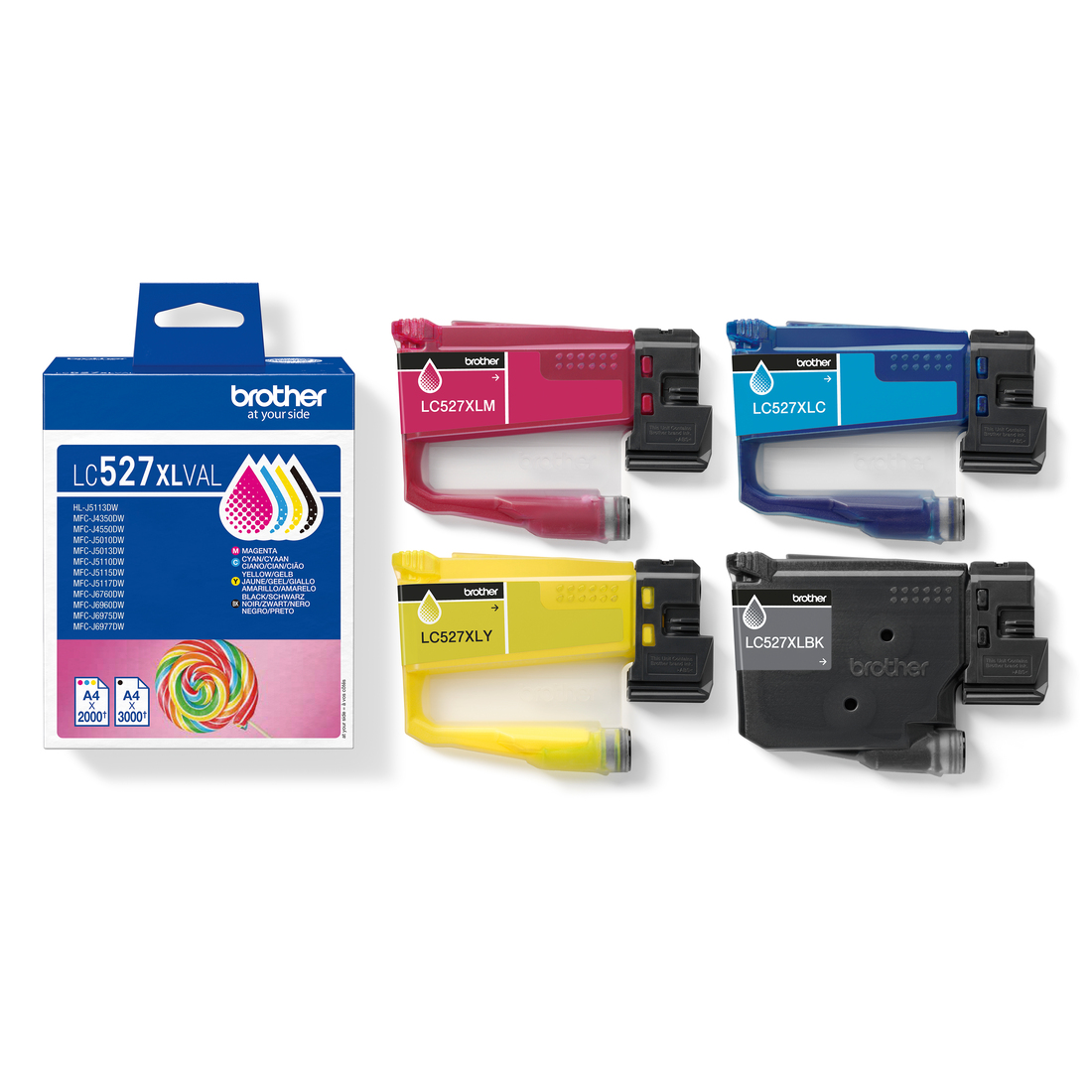 Cartuchos de tinta Brother LC527XL en paquete múltiple con caja en magenta, cian, amarillo y negro.