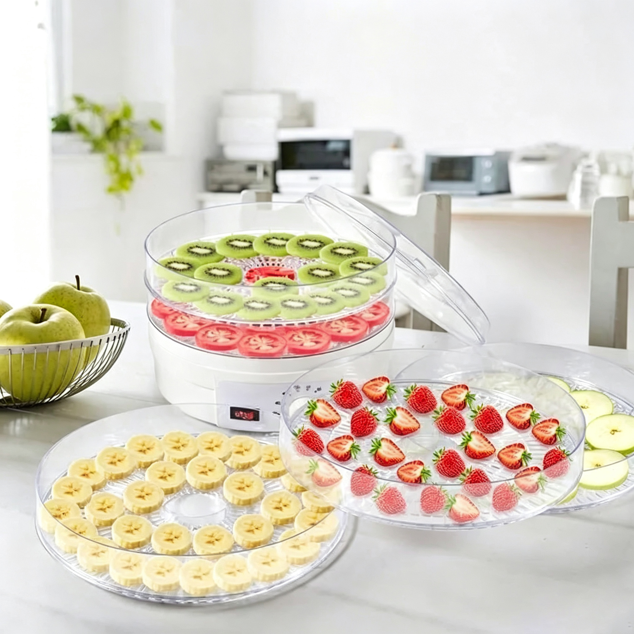 Ein mehrstöckiger Dörrapparat auf einem Tisch mit geskiwiten Kiwis, Tomaten, Erdbeeren und Bananen, Äpfel daneben.